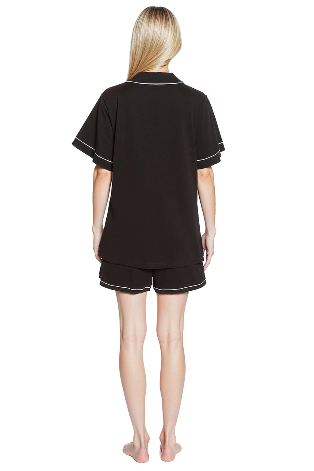 Women's Black Short Pyjama Set Super Soft Sleepwear Nightwear Button Up Top and Shorts with Pockets PJs