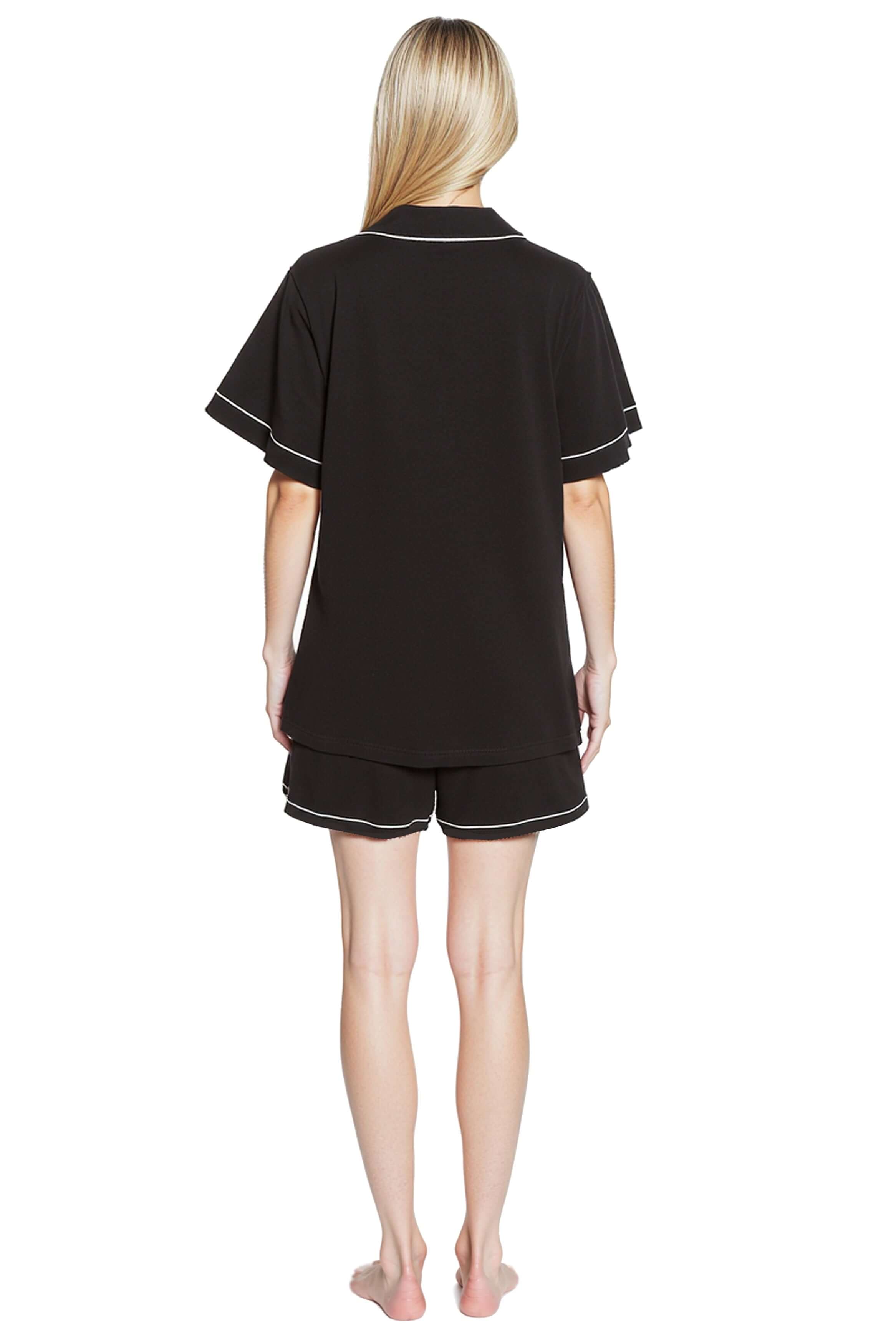 Women's Black Short Pyjama Set Super Soft Sleepwear Nightwear Button Up Top and Shorts with Pockets PJs