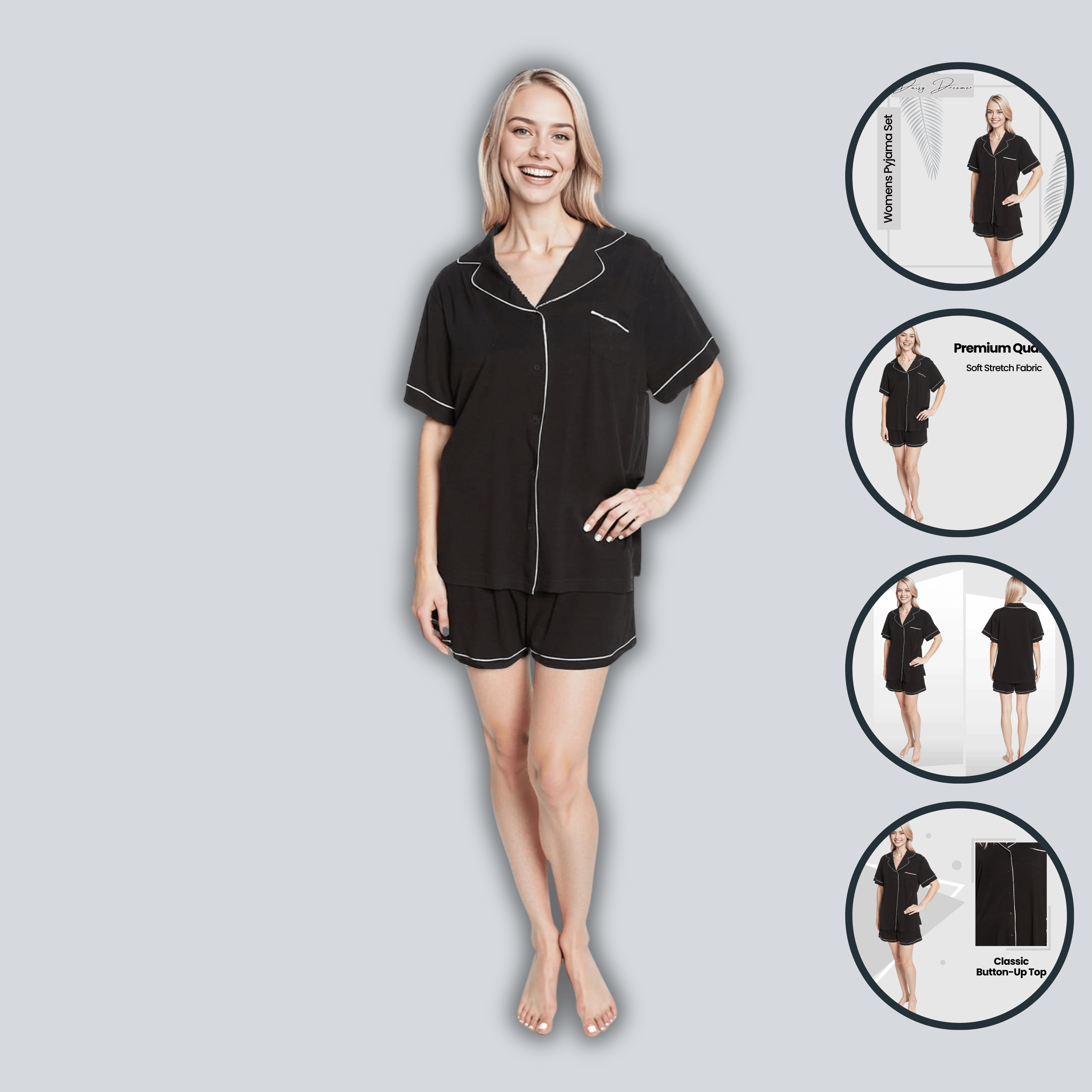 Women's Black Short Pyjama Set Super Soft Sleepwear Nightwear Button Up Top and Shorts with Pockets PJs