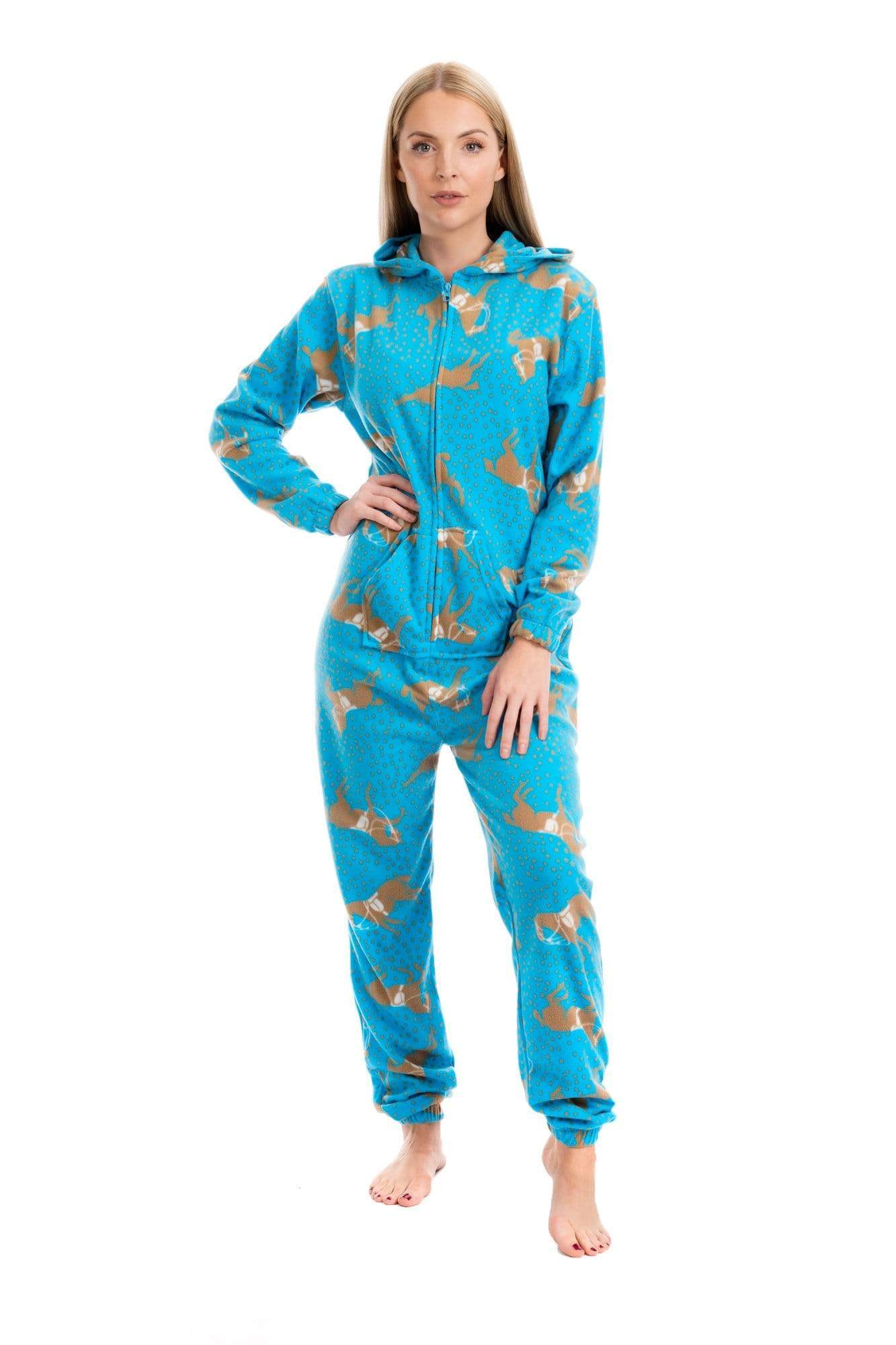 Women's Blue Horse Print Hooded Fleece Onezee Pyjama Set, Warm and Comfortable Nightwear, UK Sizes 10-20