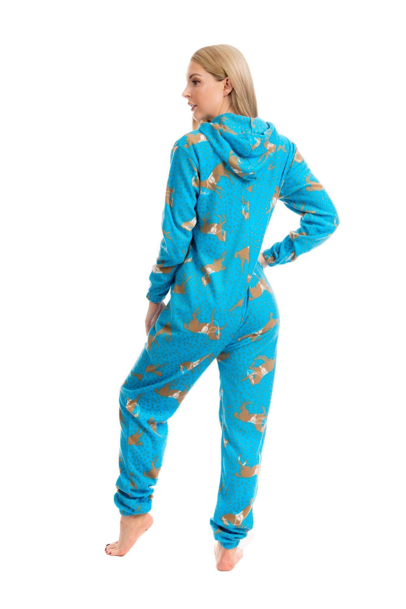 Women's Blue Horse Print Hooded Fleece Onezee Pyjama Set, Warm and Comfortable Nightwear, UK Sizes 10-20