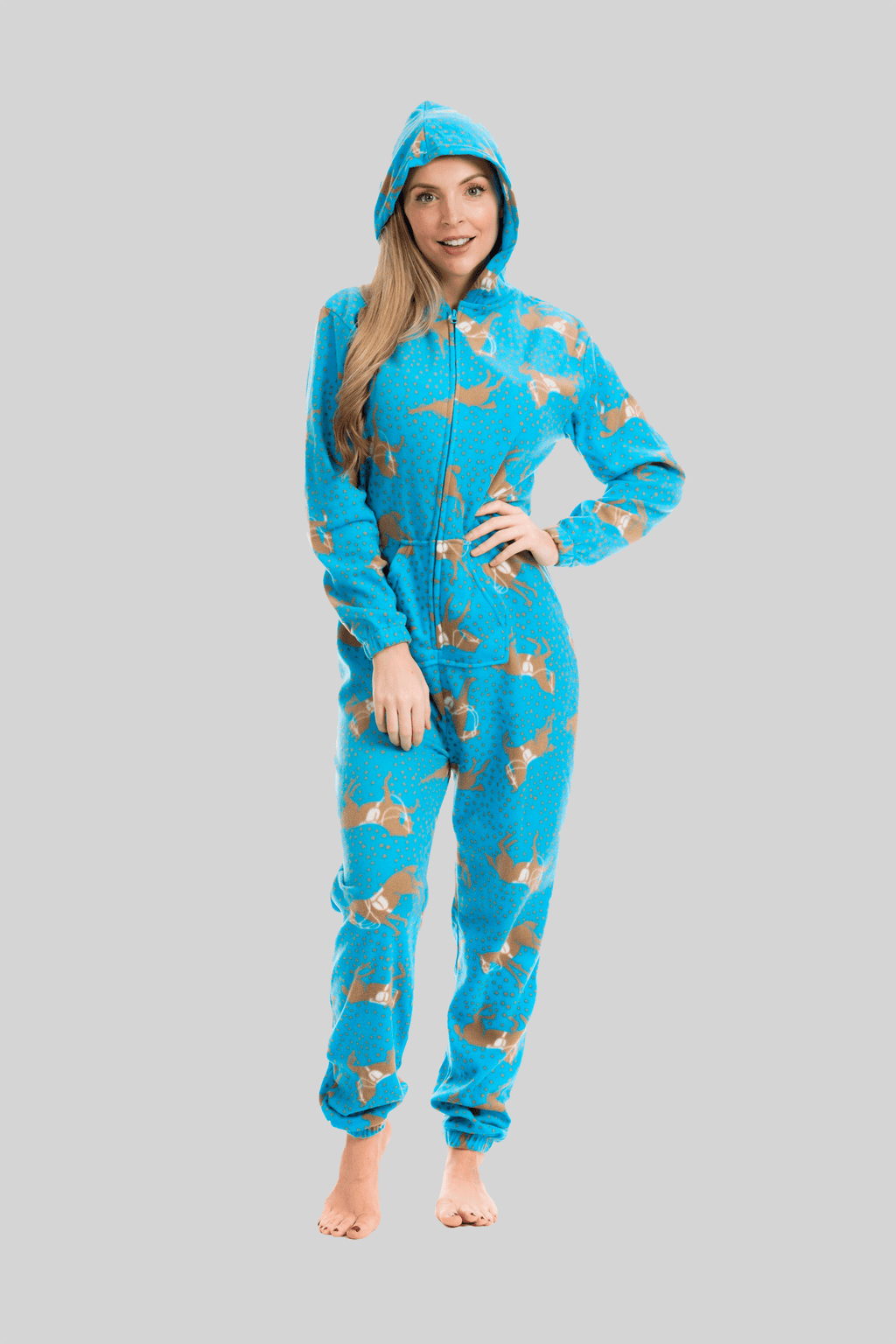 Women's Blue Horse Print Hooded Fleece Onezee Pyjama Set, Warm and Comfortable Nightwear, UK Sizes 10-20