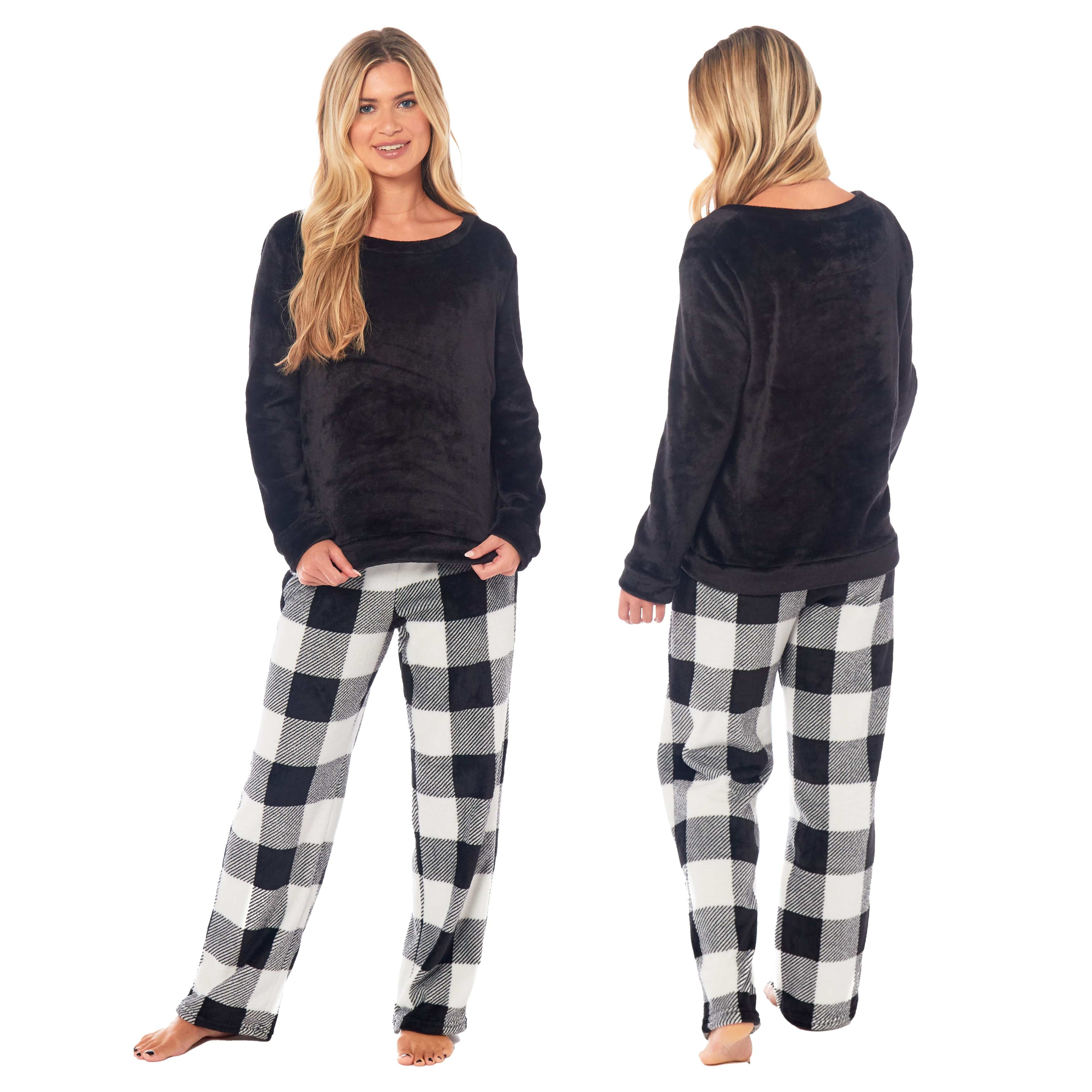Women's Buffalo Check Fleece Pajama Set Long Sleeve Top and Bottoms Luxuriously Soft Nightwear for Cozy Comfort in Various Sizes