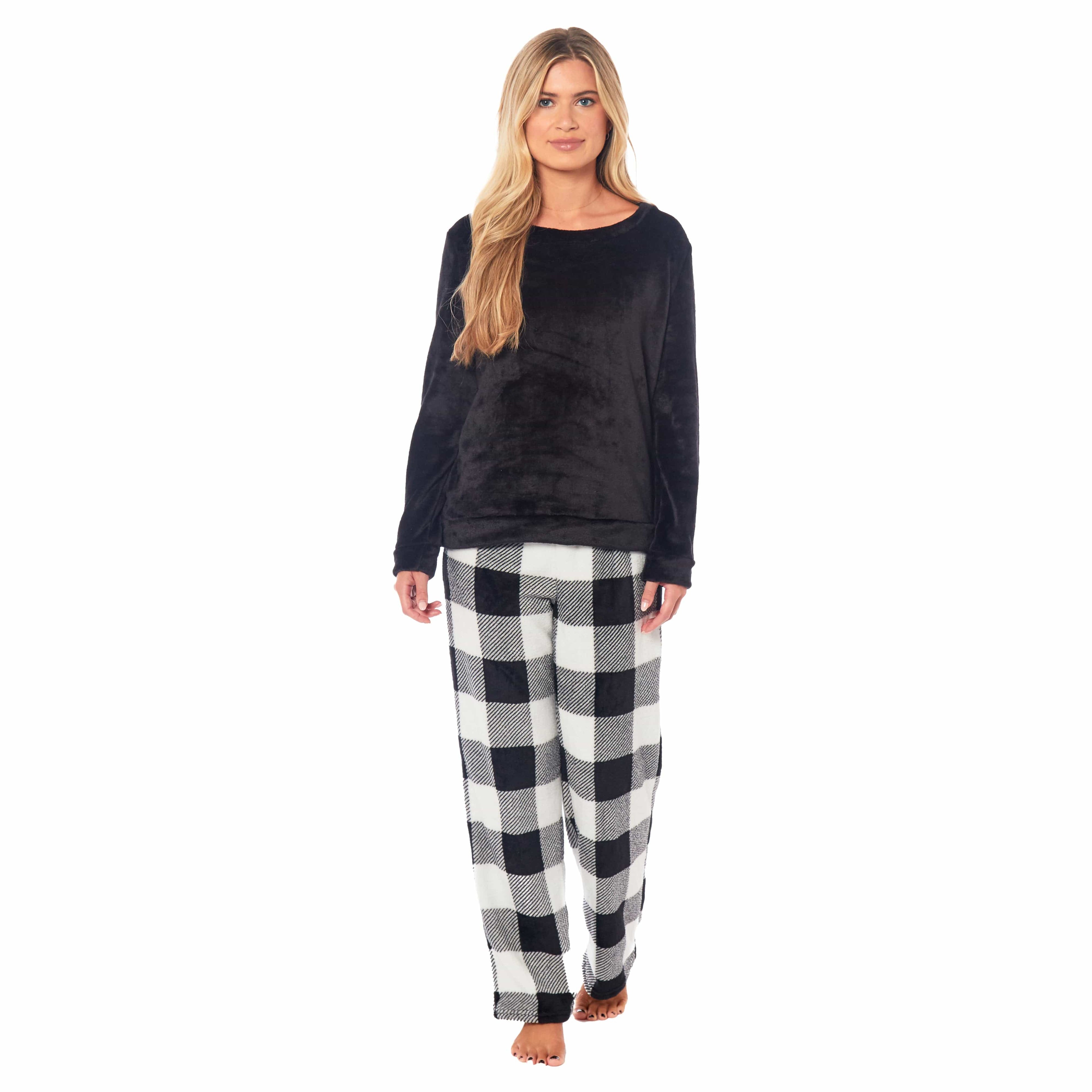 Women's Buffalo Check Fleece Pajama Set Long Sleeve Top and Bottoms Luxuriously Soft Nightwear for Cozy Comfort in Various Sizes