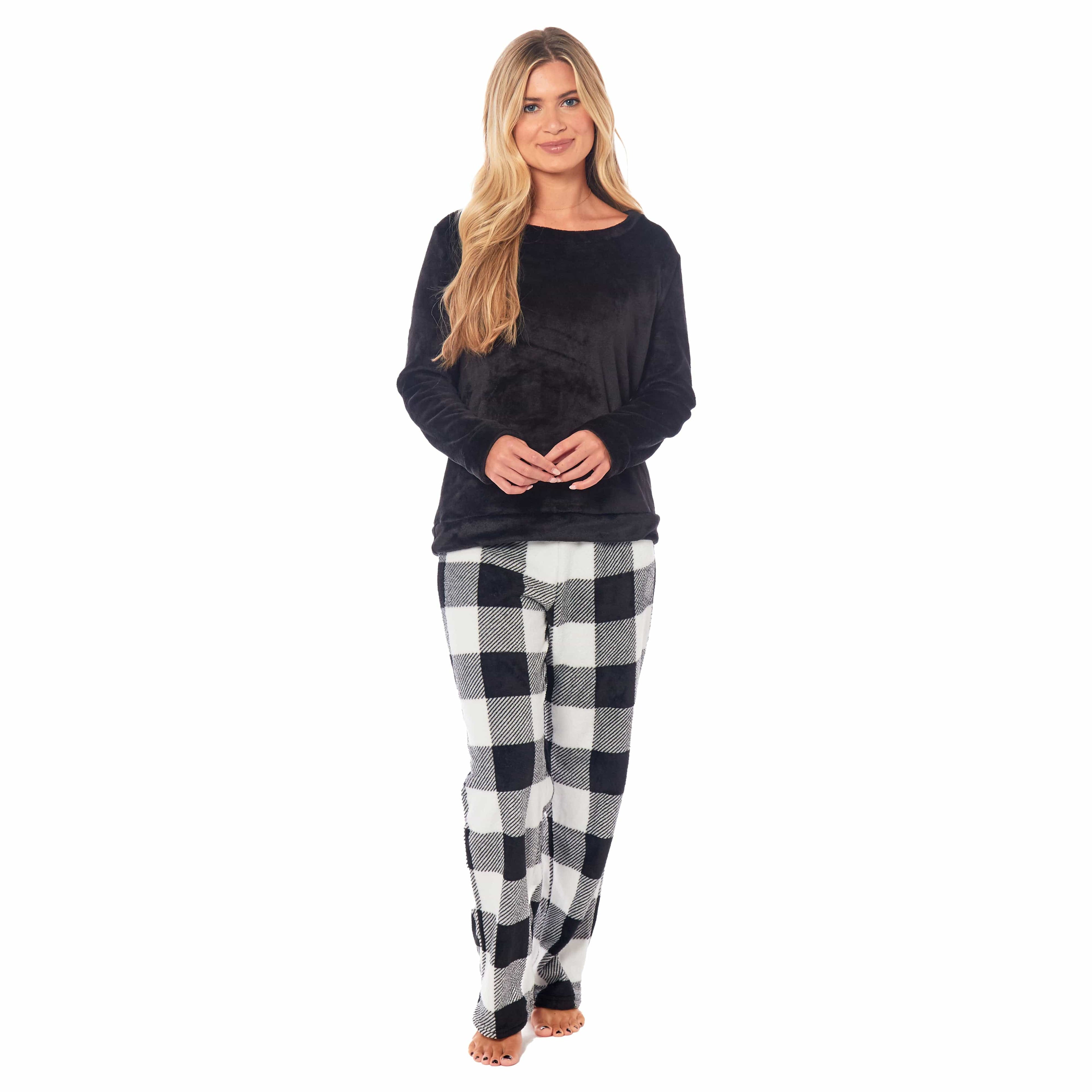 Women's Buffalo Check Fleece Pajama Set Long Sleeve Top and Bottoms Luxuriously Soft Nightwear for Cozy Comfort in Various Sizes