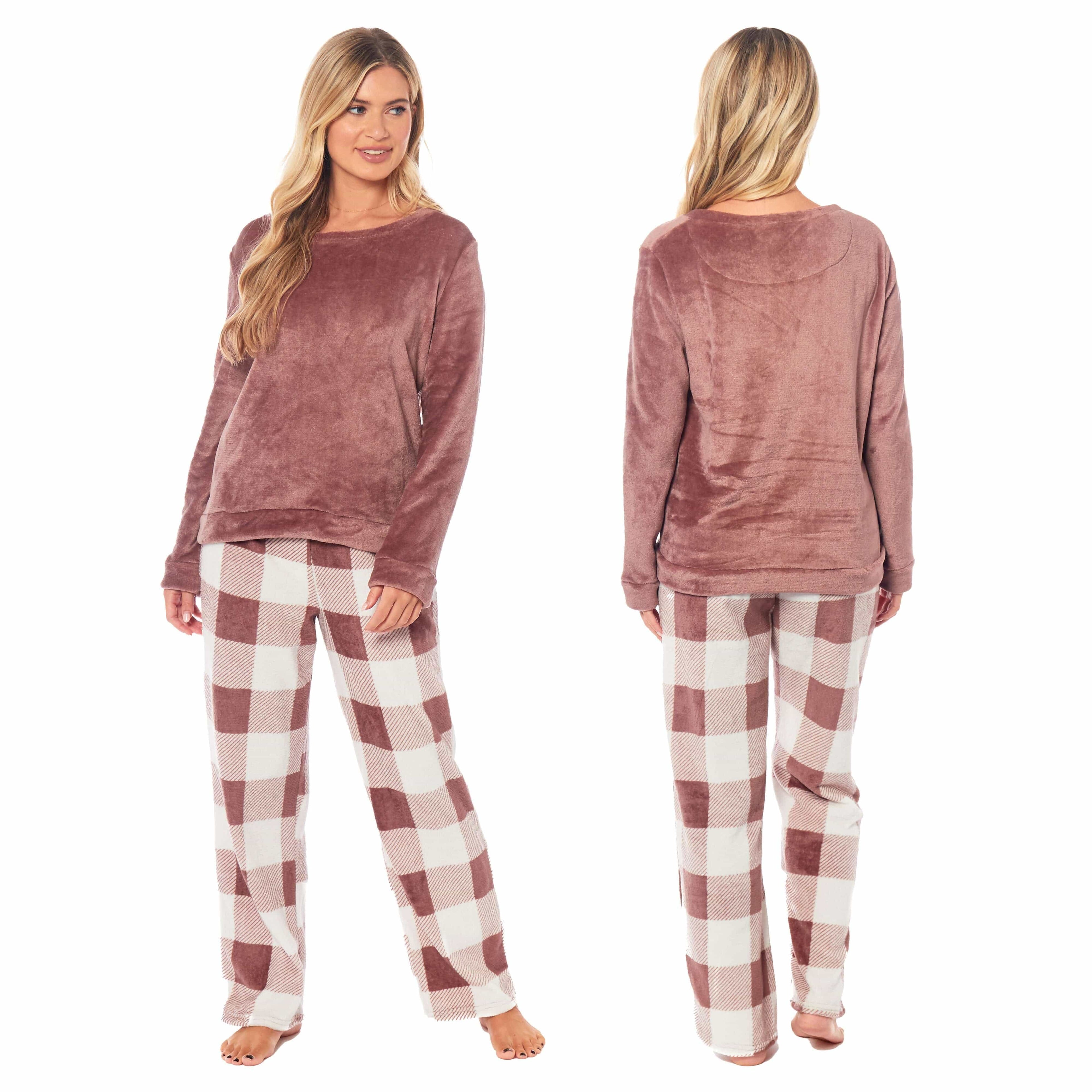 Women's Buffalo Check Fleece Pyjamas Set Long Sleeve Top and Bottoms Warm Nightwear Stylish Loungewear Multiple Sizes Available