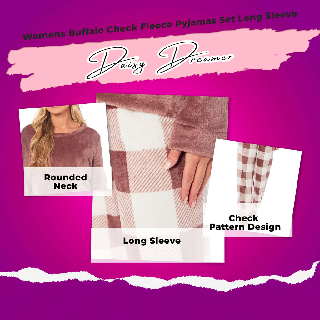 Women's Buffalo Check Fleece Pyjamas Set Long Sleeve Top and Bottoms Warm Nightwear Stylish Loungewear Multiple Sizes Available