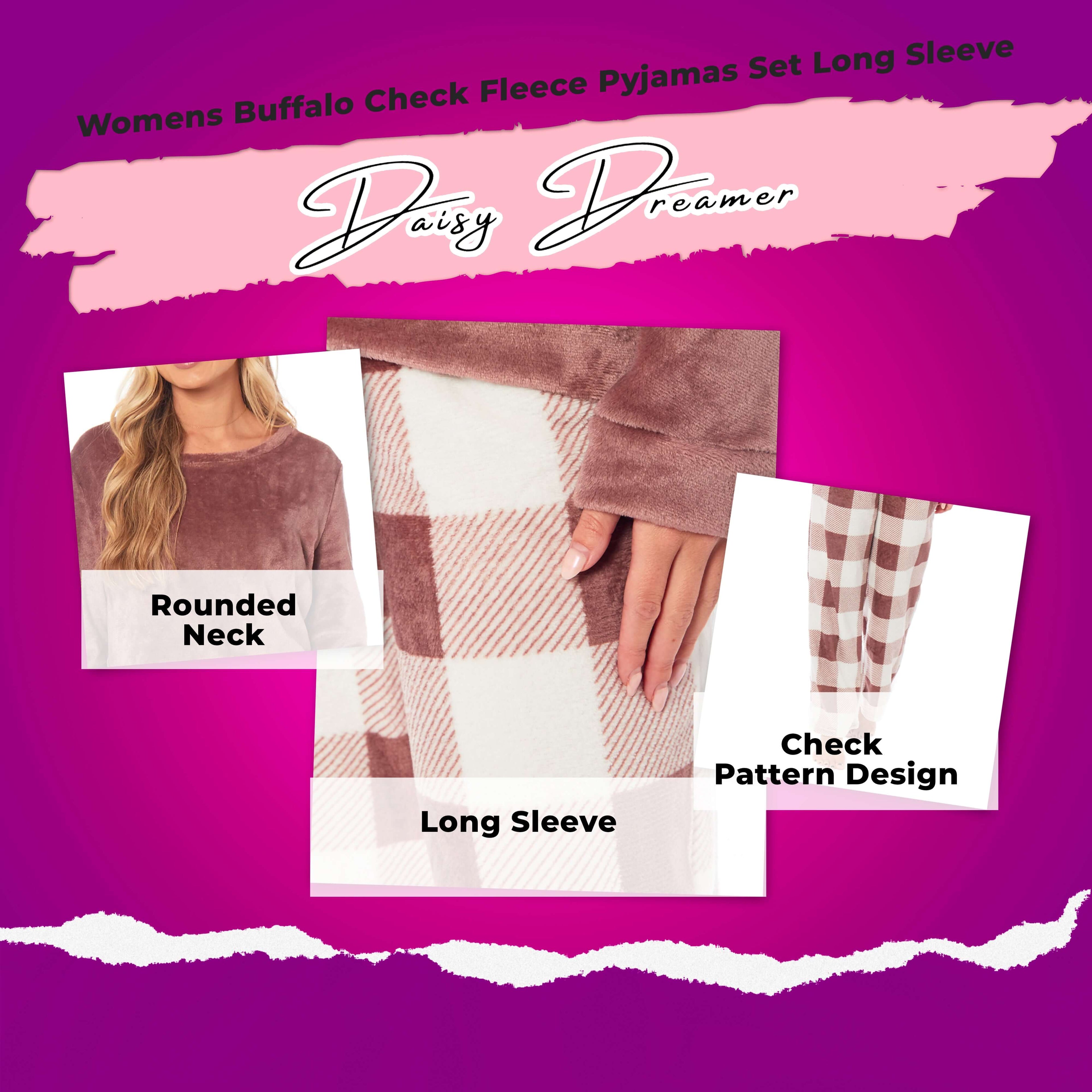 Women's Buffalo Check Fleece Pyjamas Set Long Sleeve Top and Bottoms Warm Nightwear Stylish Loungewear Multiple Sizes Available