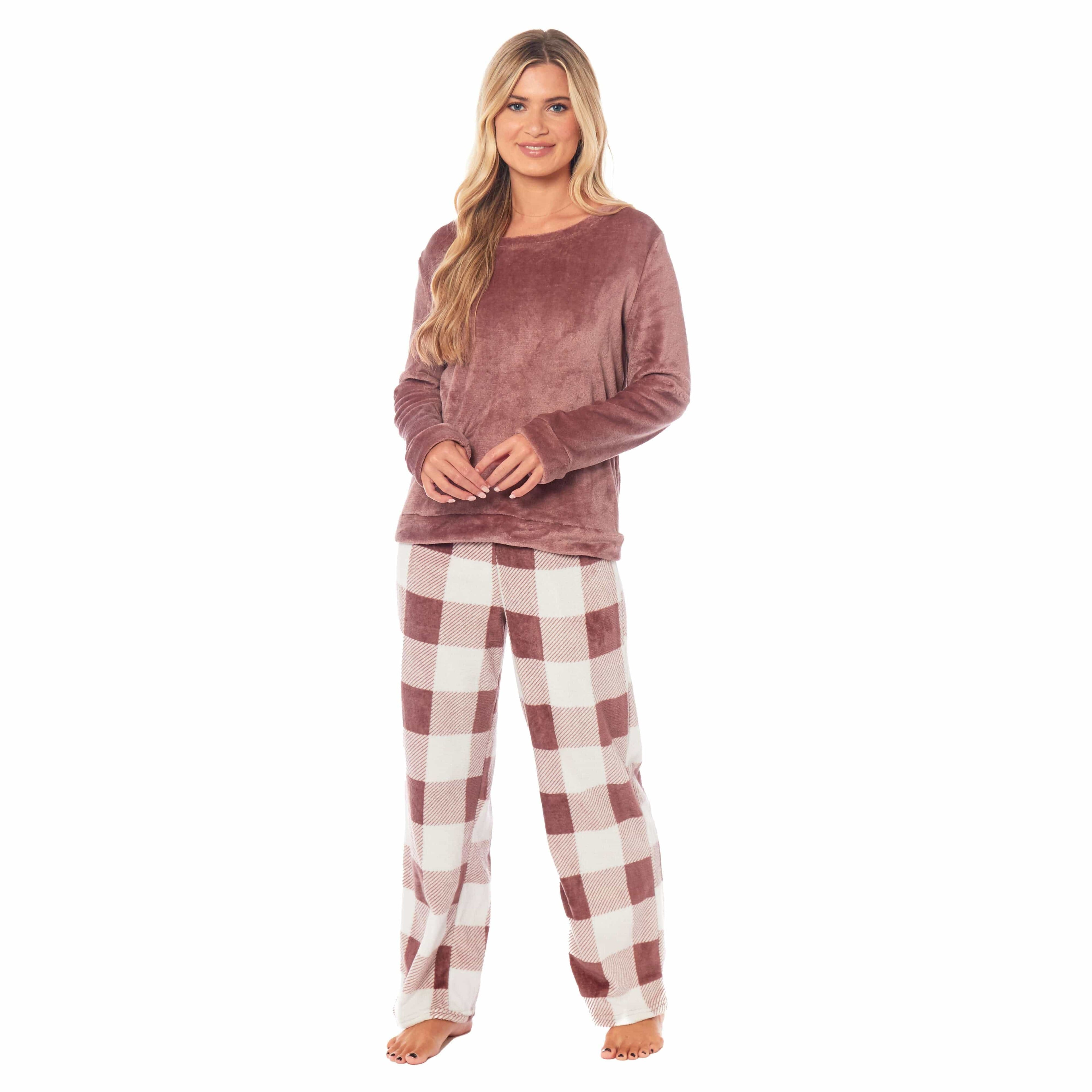 Women's Buffalo Check Fleece Pyjamas Set Long Sleeve Top and Bottoms Warm Nightwear Stylish Loungewear Multiple Sizes Available