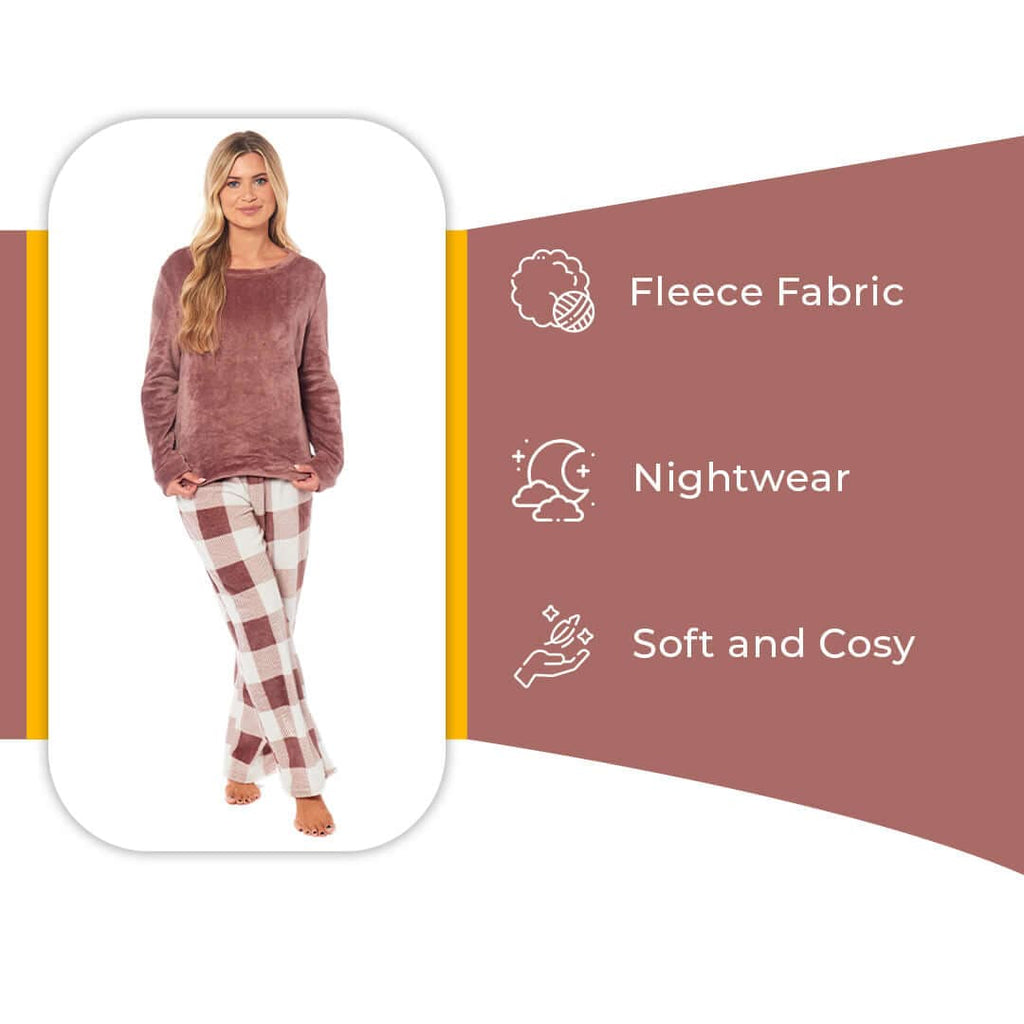 Women's Buffalo Check Fleece Pyjamas Set Long Sleeve Top and Bottoms Warm Nightwear Stylish Loungewear Multiple Sizes Available