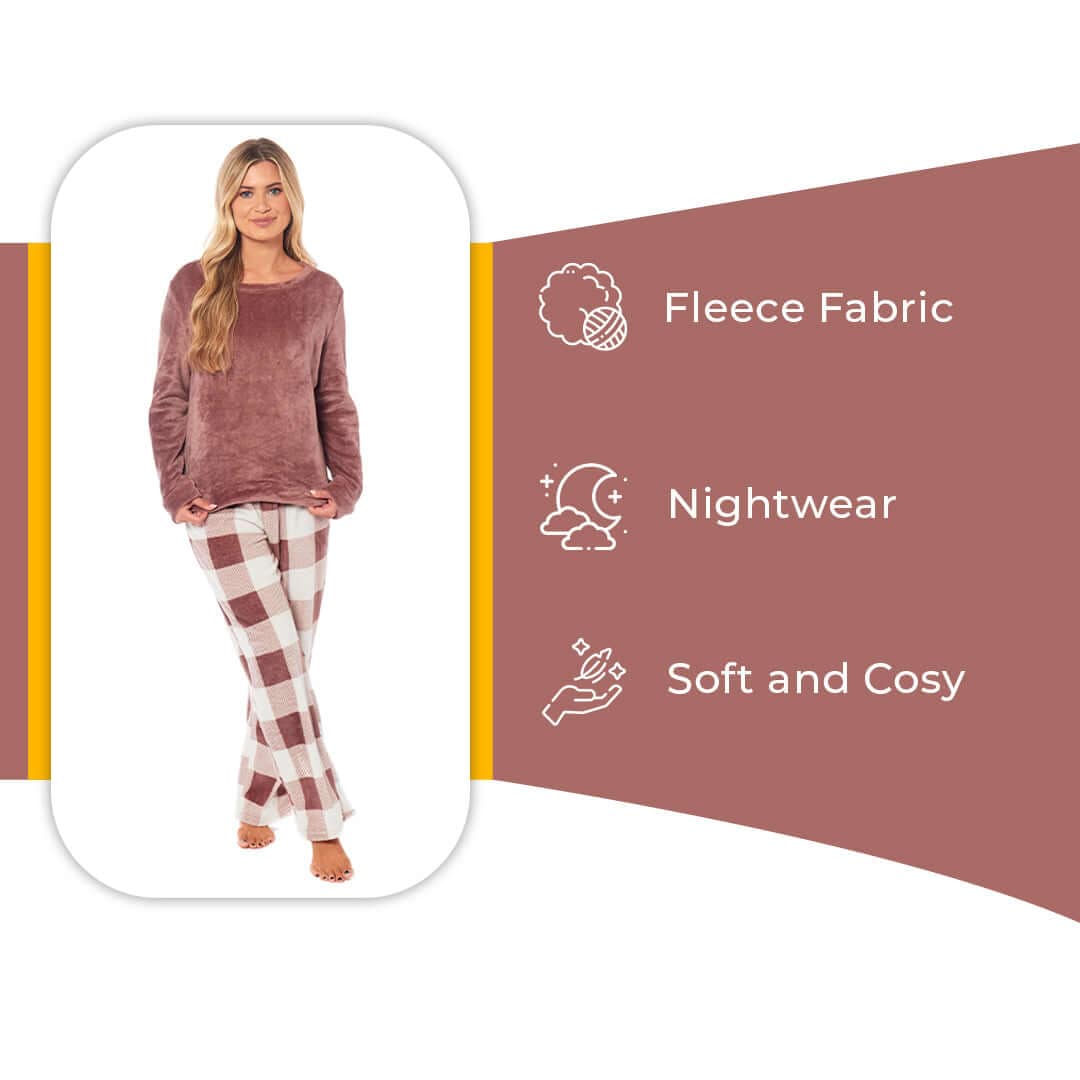 Women's Buffalo Check Fleece Pyjamas Set Long Sleeve Top and Bottoms Warm Nightwear Stylish Loungewear Multiple Sizes Available