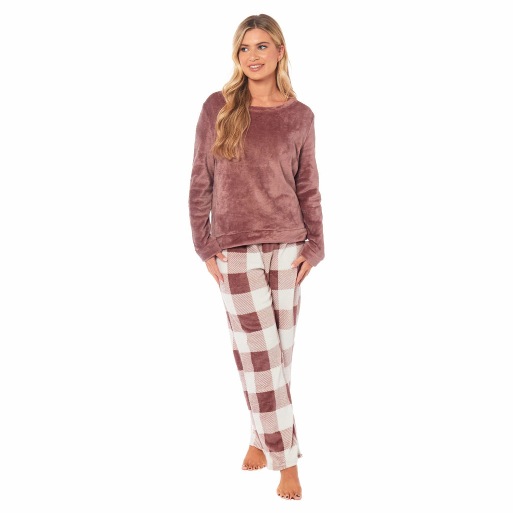 Women's Buffalo Check Fleece Pyjamas Set Long Sleeve Top and Bottoms Warm Nightwear Stylish Loungewear Multiple Sizes Available
