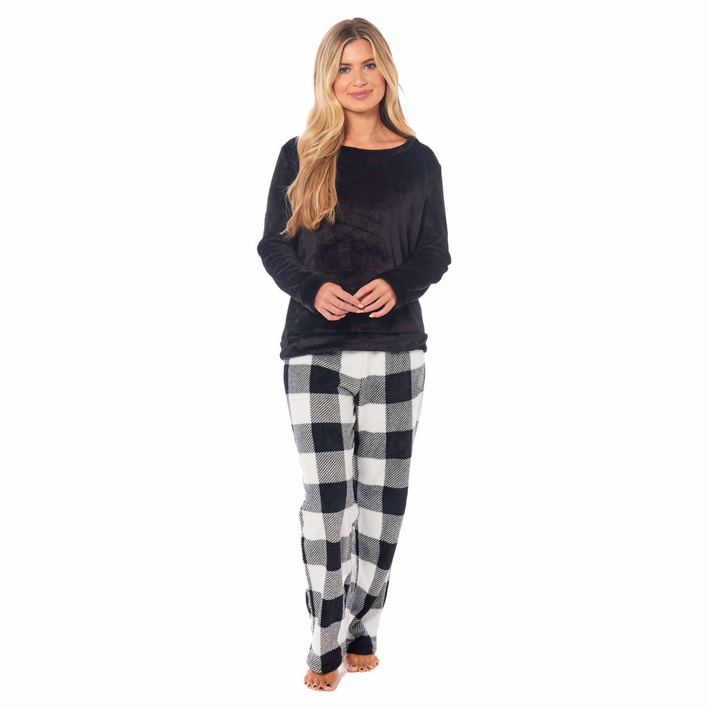 Women's Buffalo Check Fleece Pyjamas Set Long Sleeve Top and Bottoms Warm Nightwear Stylish Loungewear Multiple Sizes Available