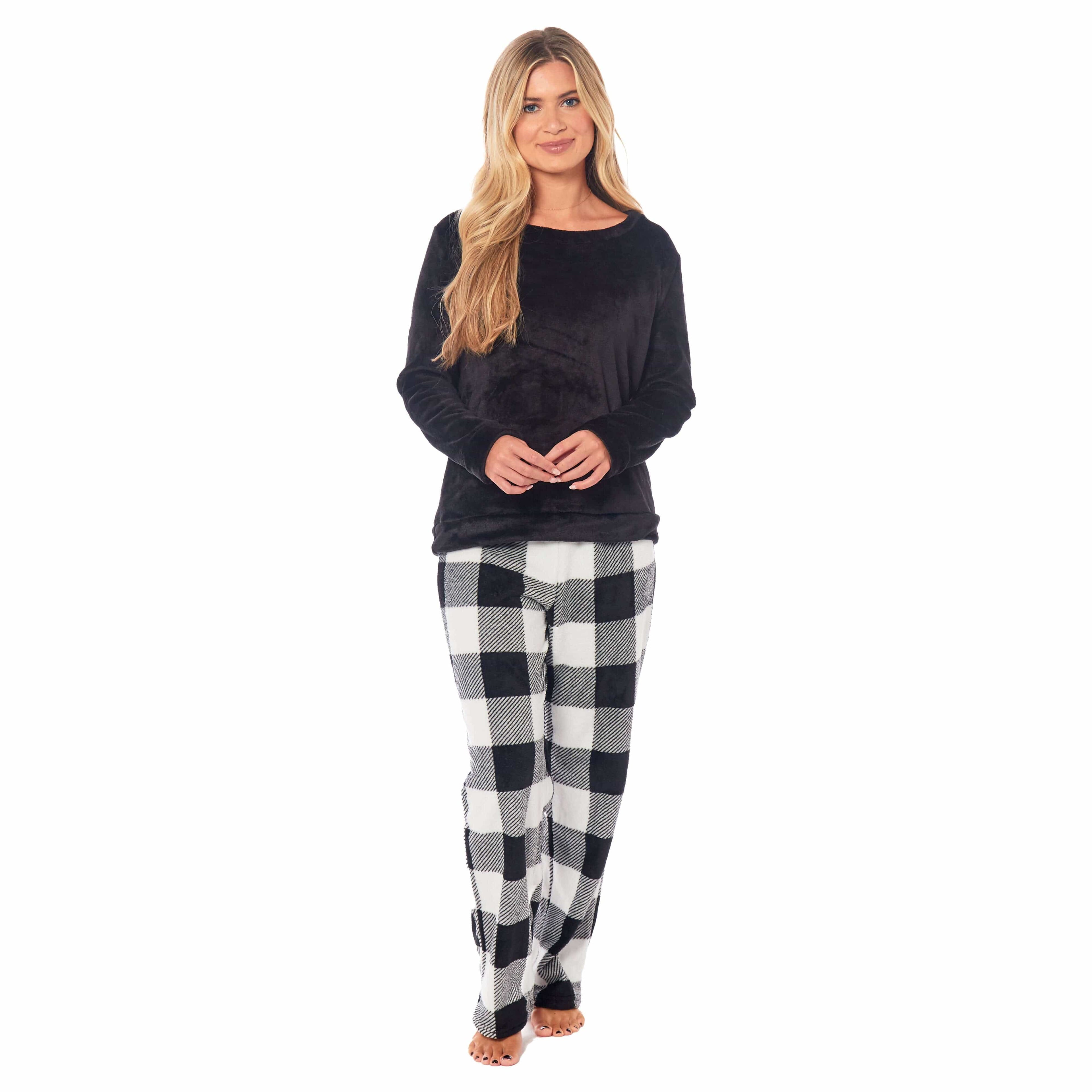 Women's Buffalo Check Fleece Pyjamas Set Long Sleeve Top and Bottoms Warm Nightwear Stylish Loungewear Multiple Sizes Available
