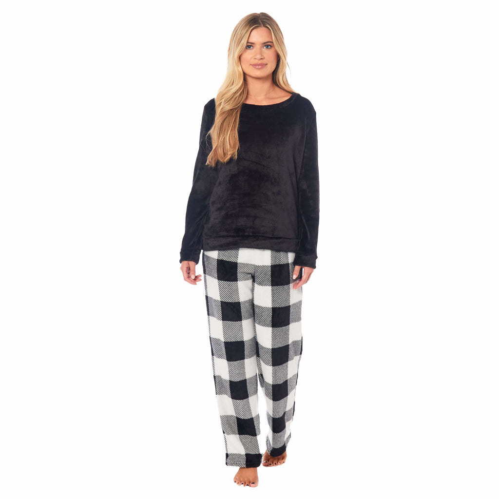 Women's Buffalo Check Fleece Pyjamas Set Long Sleeve Top and Bottoms Warm Nightwear Stylish Loungewear Multiple Sizes Available