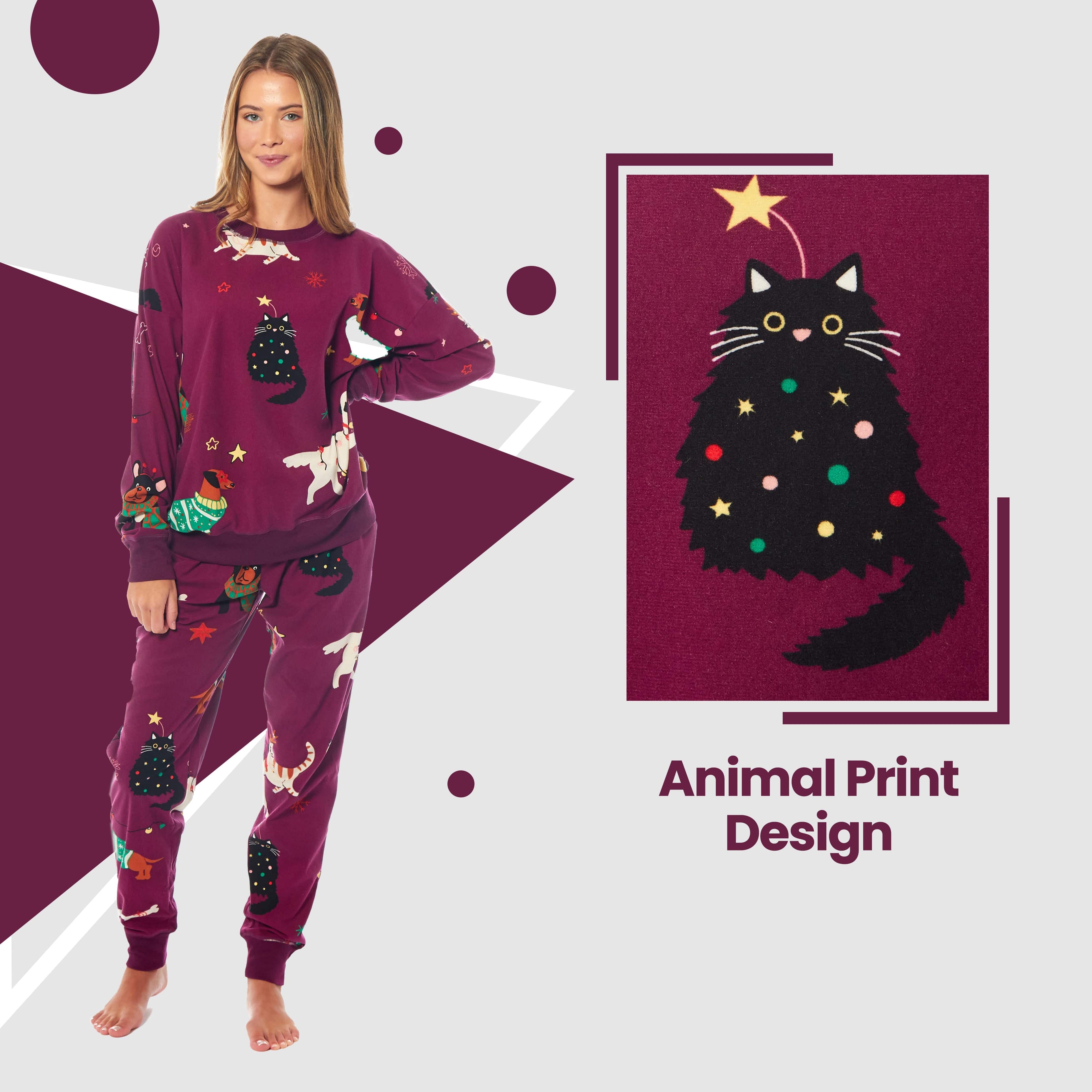 Women's Cats & Dogs Soft Fleece Pyjama Set Long Sleeve Animal Print Warm PJs Loungewear Sleepwear for Ladies