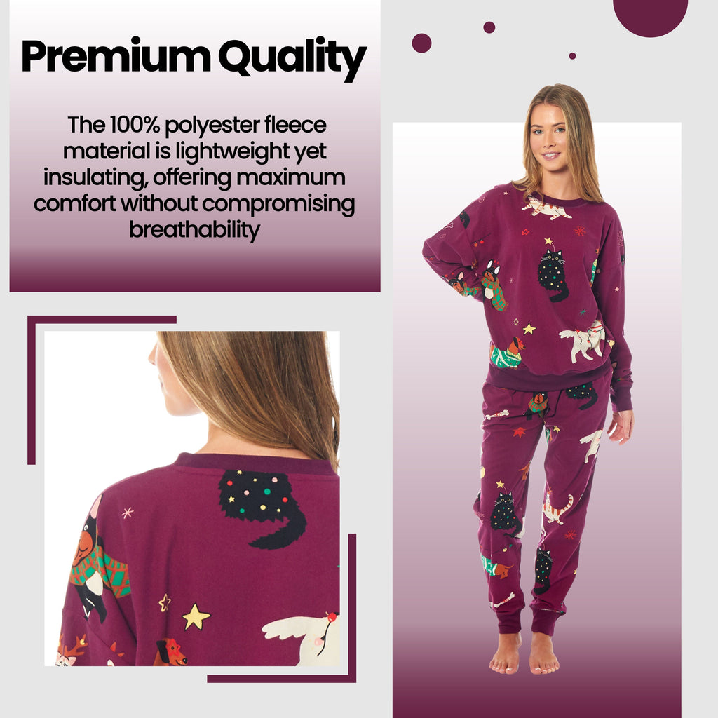 Women's Cats & Dogs Soft Fleece Pyjama Set Long Sleeve Animal Print Warm PJs Loungewear Sleepwear for Ladies