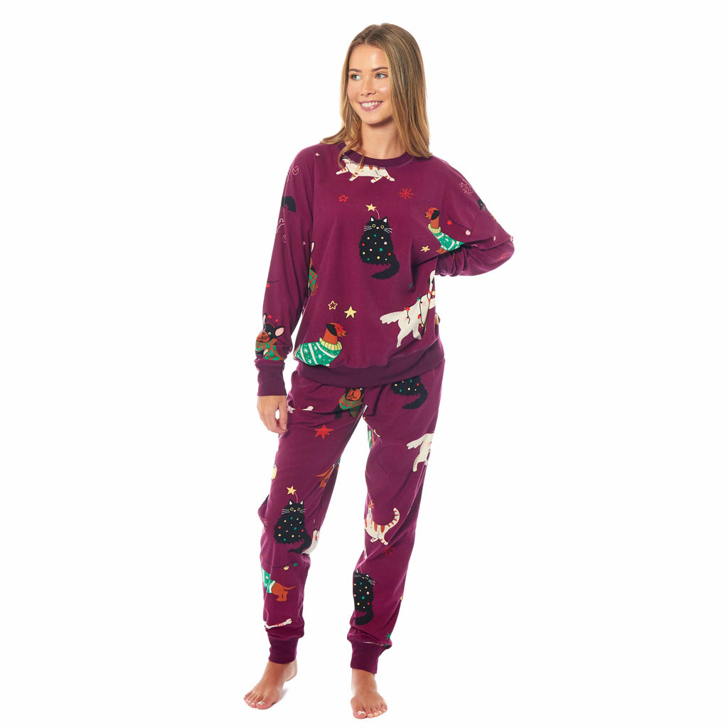 Women's Cats & Dogs Soft Fleece Pyjama Set Long Sleeve Animal Print Warm PJs Loungewear Sleepwear for Ladies