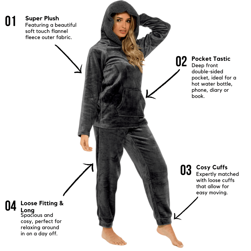 Women's Charcoal Plush Fleece Hooded Pyjama Set with Sherpa Lining Soft Flannel Loungewear Warm Cosy Nightwear Sizes S to XL