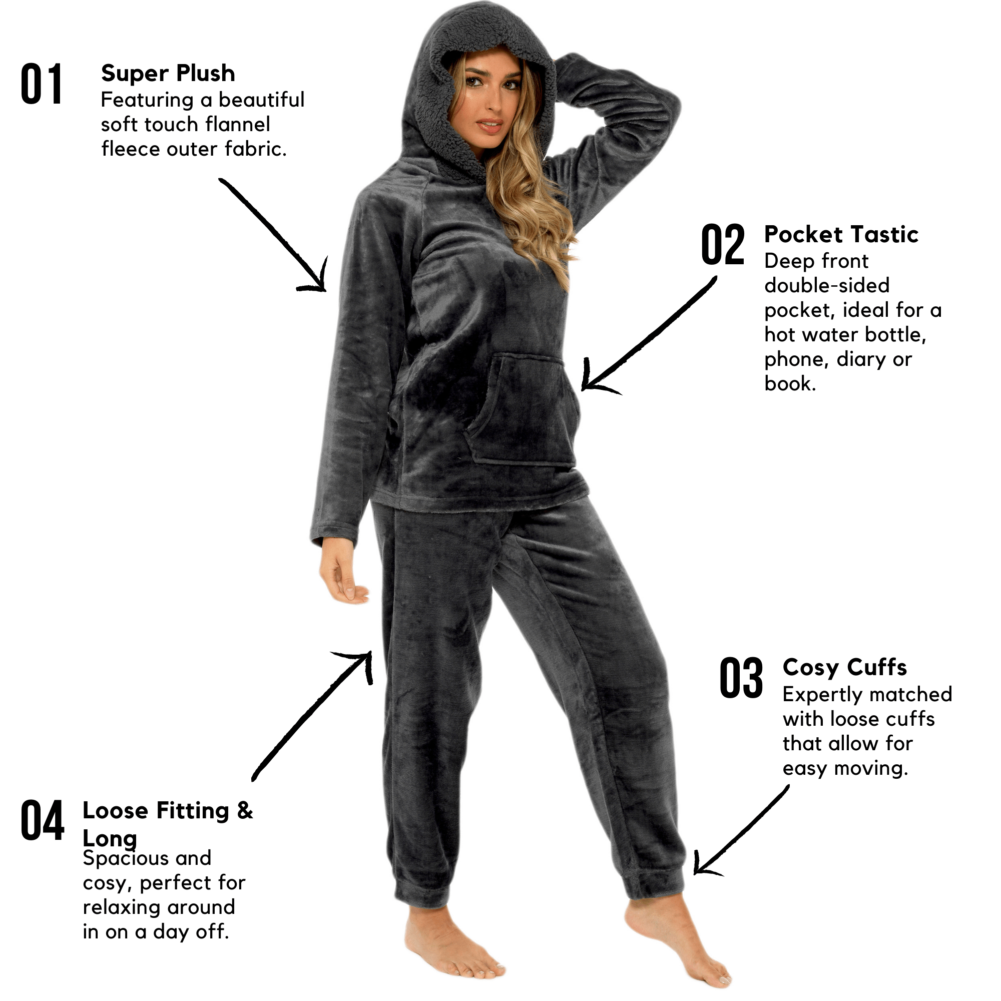 Women's Charcoal Plush Fleece Hooded Pyjama Set with Sherpa Lining Soft Flannel Loungewear Warm Cosy Nightwear Sizes S to XL