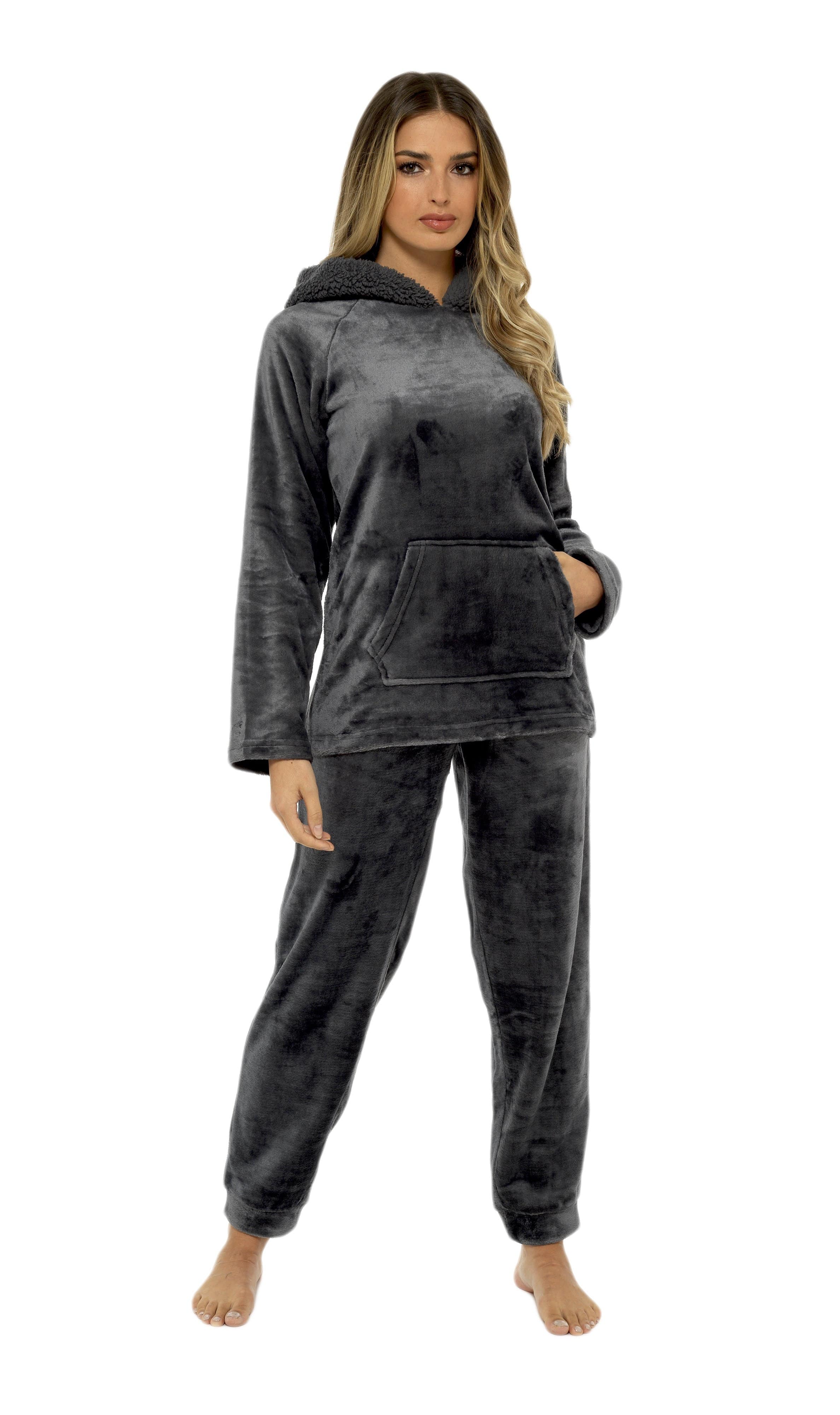 Women's Charcoal Plush Fleece Hooded Pyjama Set with Sherpa Lining Soft Flannel Loungewear Warm Cosy Nightwear Sizes S to XL