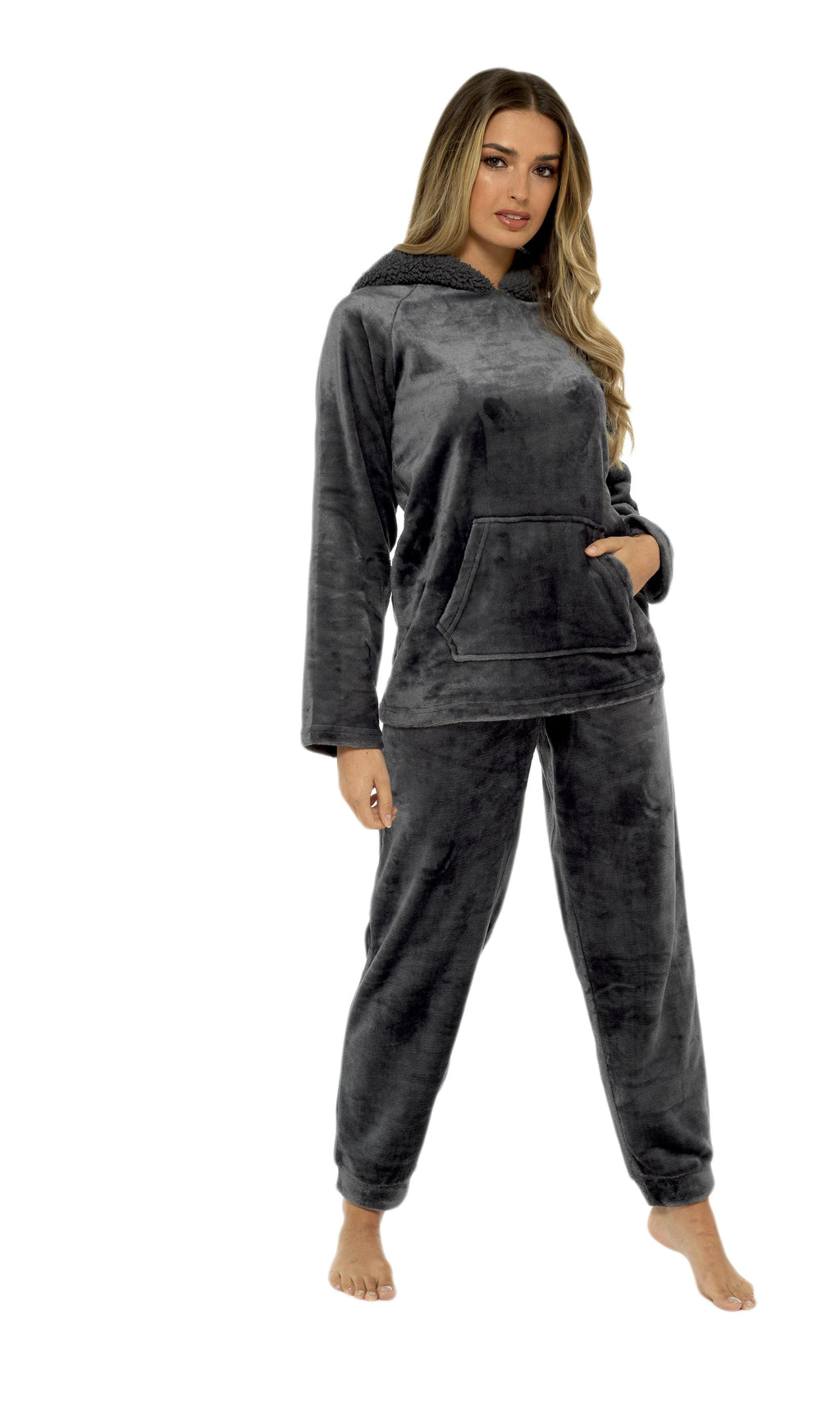 Women's Charcoal Plush Fleece Hooded Pyjama Set with Sherpa Lining Soft Flannel Loungewear Warm Cosy Nightwear Sizes S to XL
