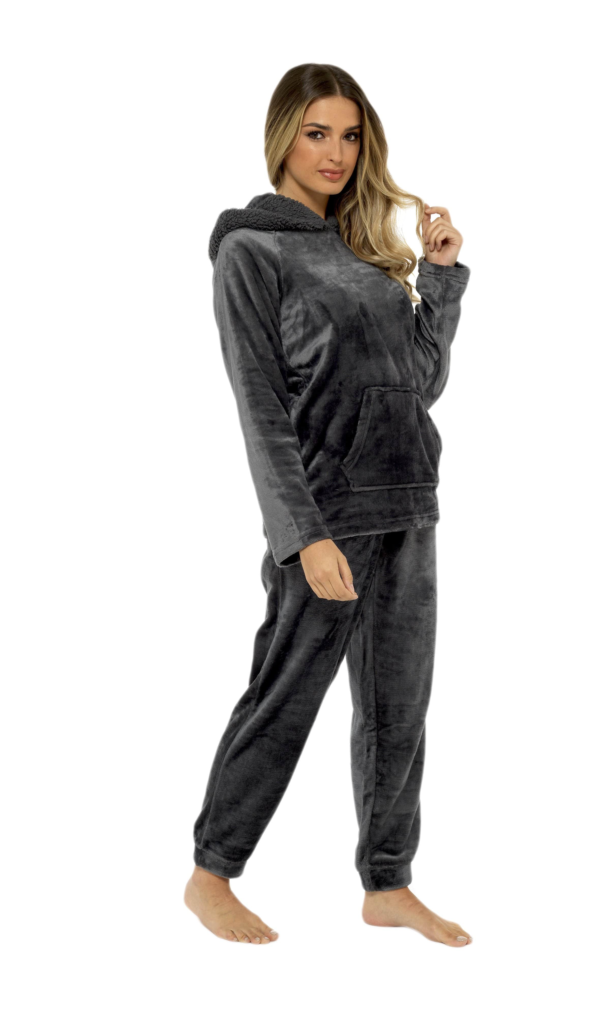 Women's Charcoal Plush Fleece Hooded Pyjama Set with Sherpa Lining Soft Flannel Loungewear Warm Cosy Nightwear Sizes S to XL