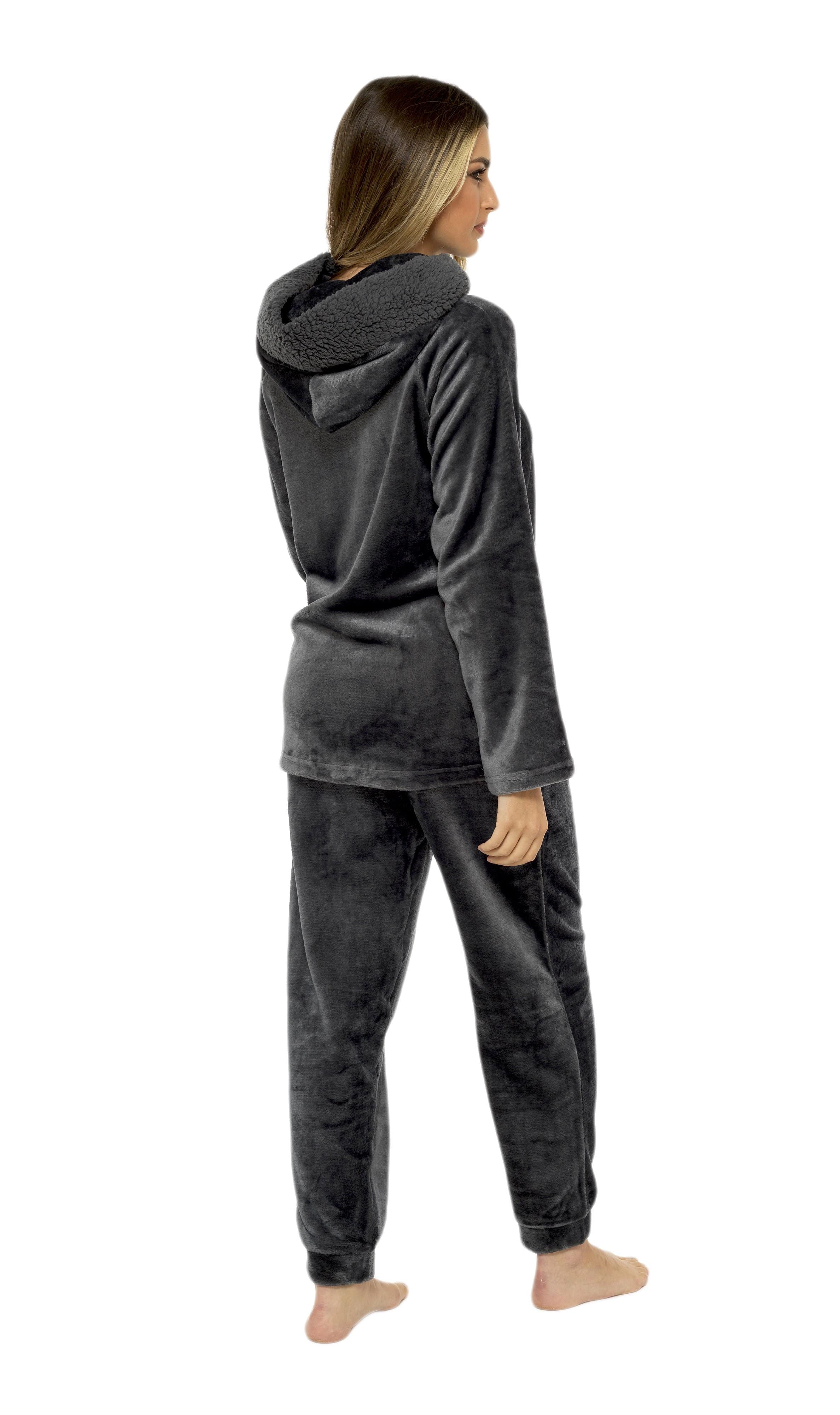 Women's Charcoal Plush Fleece Hooded Pyjama Set with Sherpa Lining Soft Flannel Loungewear Warm Cosy Nightwear Sizes S to XL