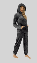 Women's Charcoal Plush Fleece Hooded Pyjama Set with Sherpa Lining Soft Flannel Loungewear Warm Cosy Nightwear Sizes S to XL