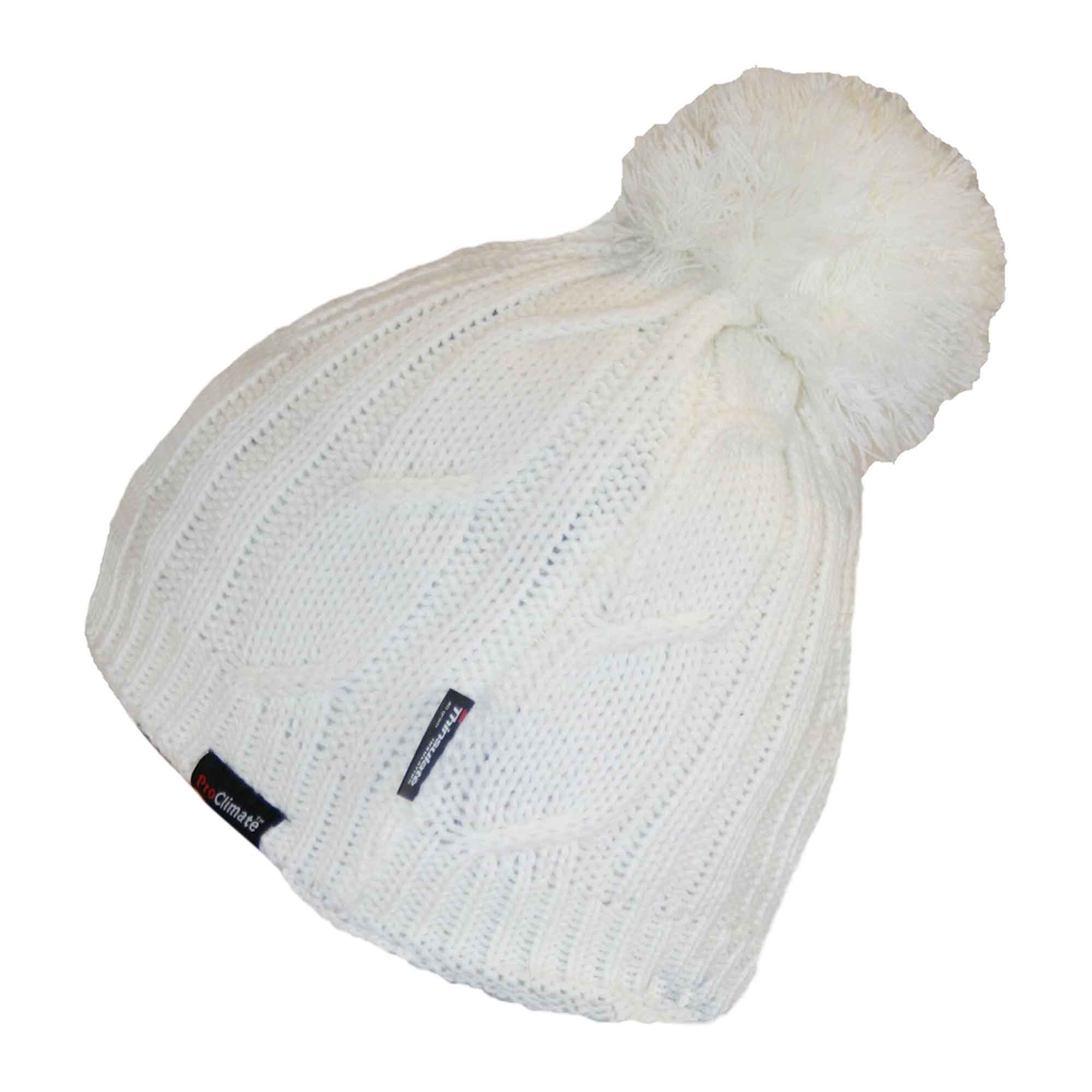 Women's Chunky Cable Knit Beanie Hat with 3M Thinsulate Insulation and Pom Pom Waterproof Winter Hat in Black Purple Cream and Navy