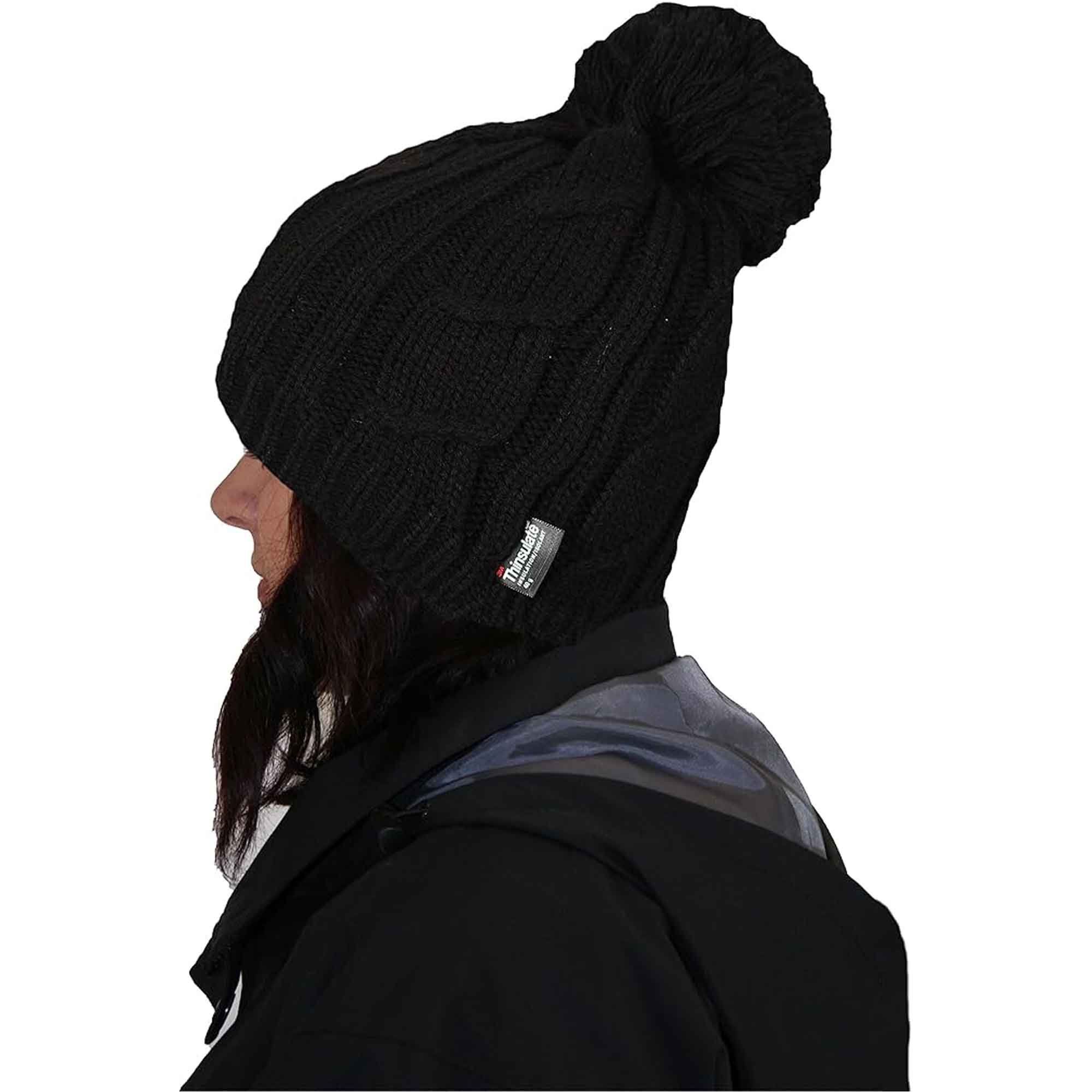 Women's Chunky Cable Knit Beanie Hat with 3M Thinsulate Insulation and Pom Pom Waterproof Winter Hat in Black Purple Cream and Navy