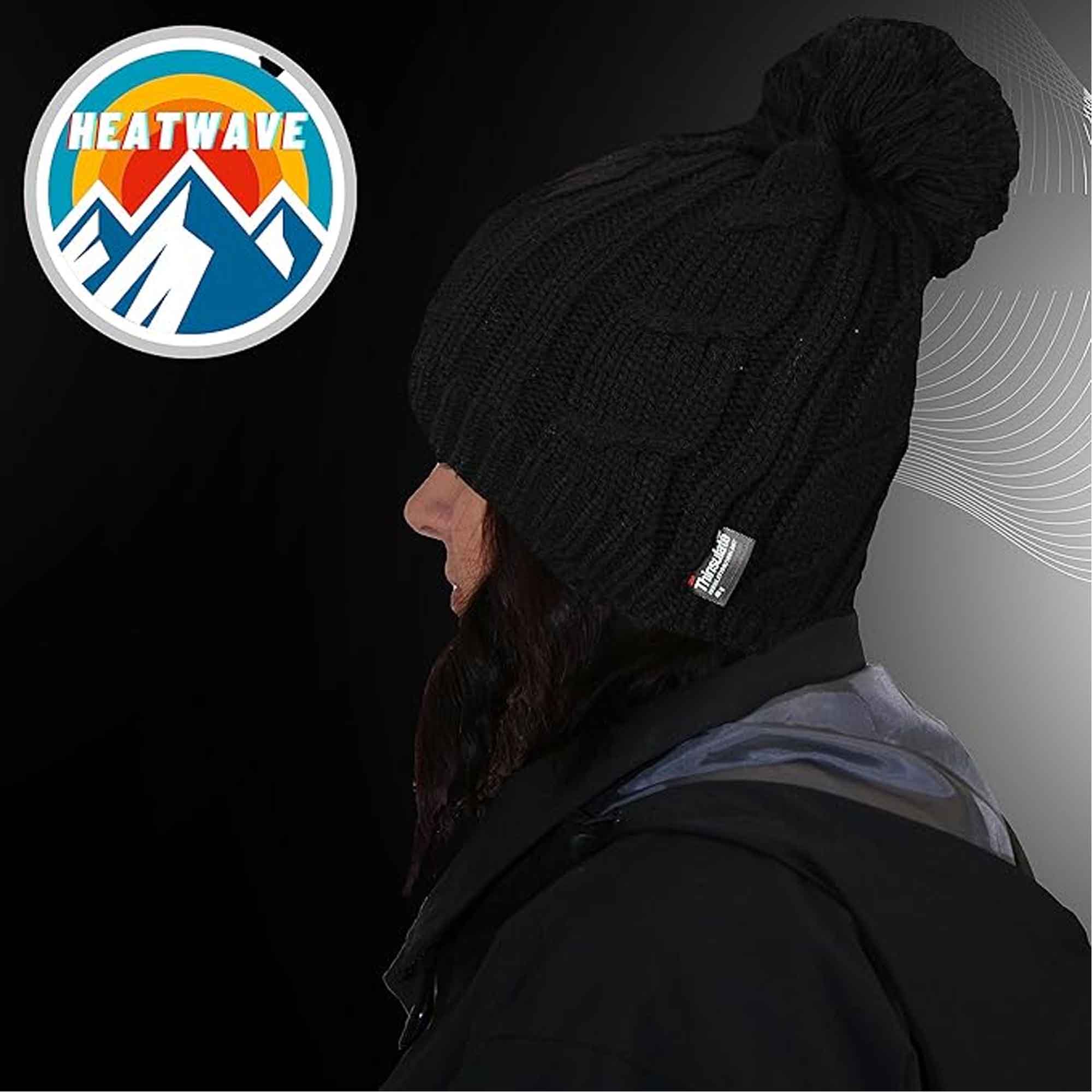 Women's Chunky Cable Knit Beanie Hat with 3M Thinsulate Insulation and Pom Pom Waterproof Winter Hat in Black Purple Cream and Navy