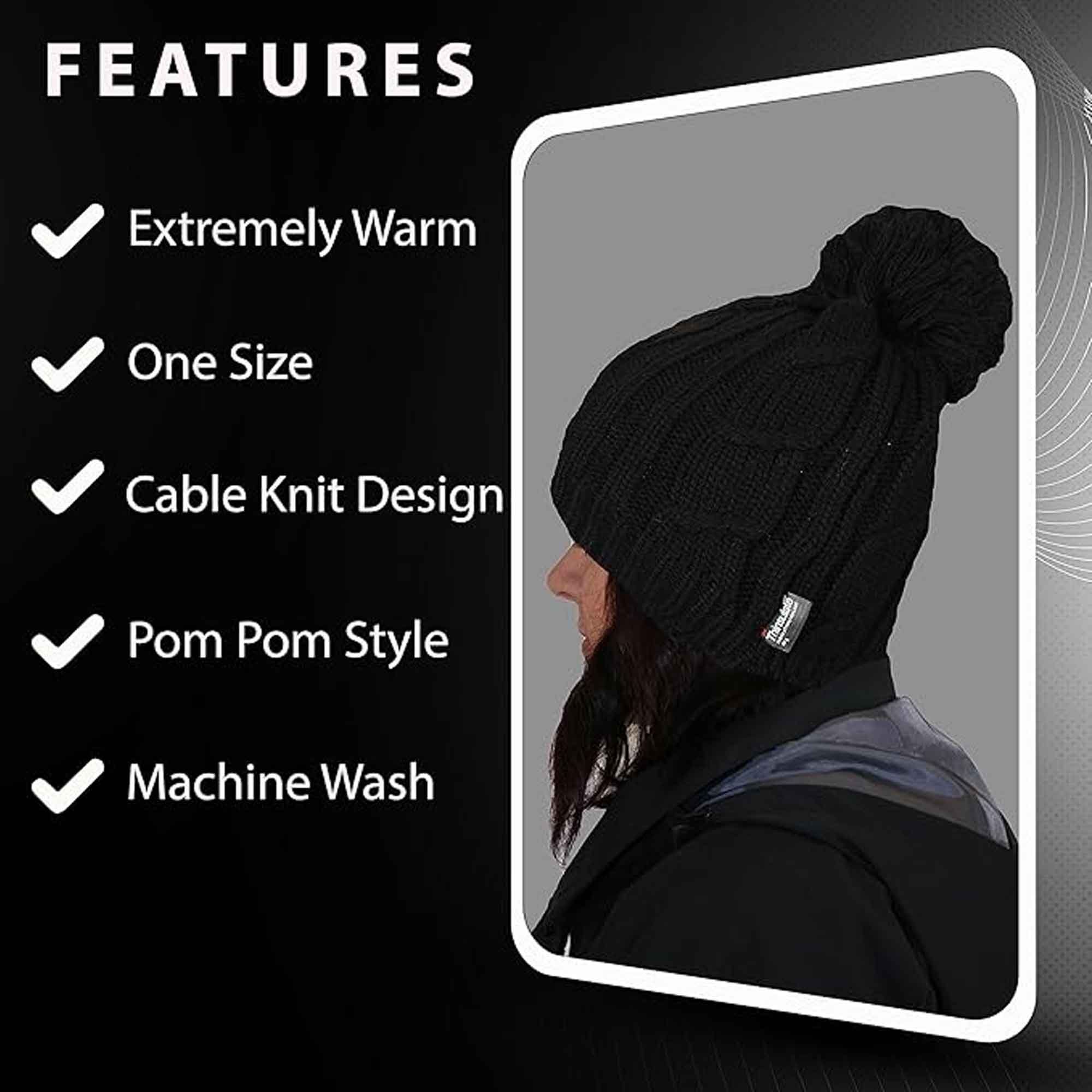 Women's Chunky Cable Knit Beanie Hat with 3M Thinsulate Insulation and Pom Pom Waterproof Winter Hat in Black Purple Cream and Navy