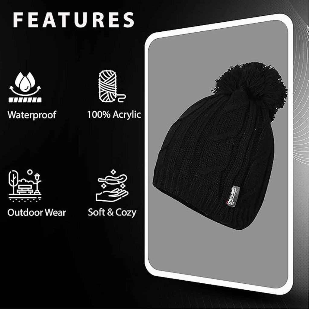 Women's Chunky Cable Knit Beanie Hat with 3M Thinsulate Insulation and Pom Pom Waterproof Winter Hat in Black Purple Cream and Navy