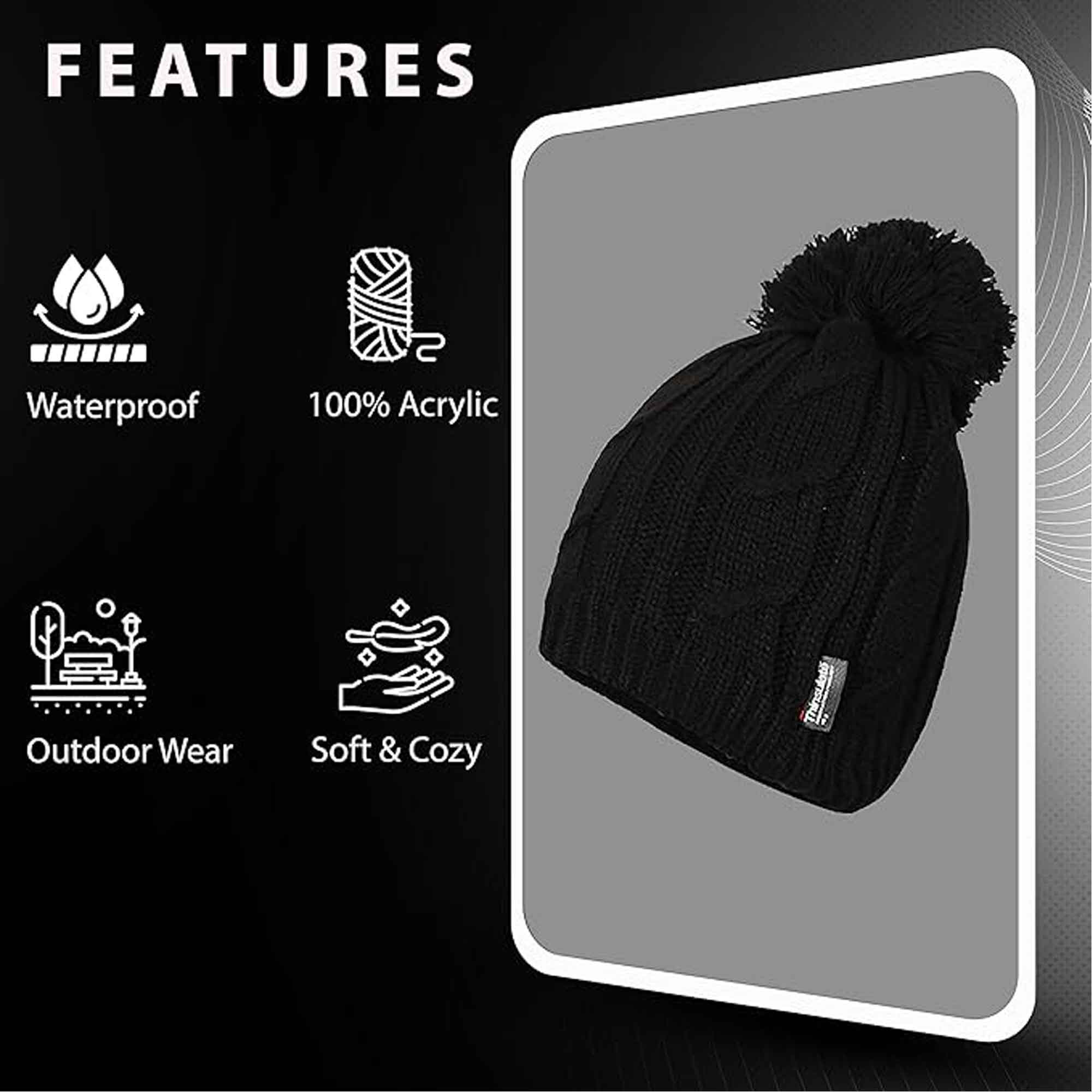 Women's Chunky Cable Knit Beanie Hat with 3M Thinsulate Insulation and Pom Pom Waterproof Winter Hat in Black Purple Cream and Navy