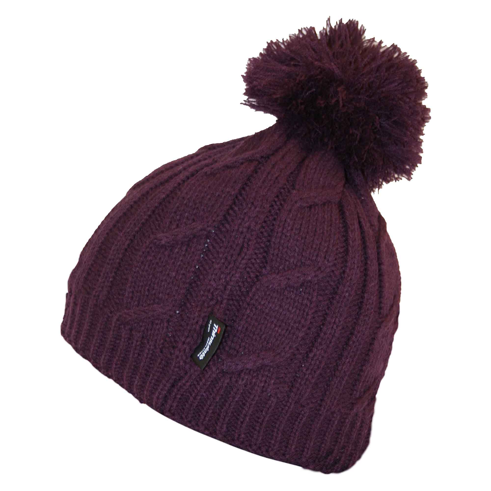 Women's Chunky Cable Knit Beanie Hat with 3M Thinsulate Insulation and Pom Pom Waterproof Winter Hat in Black Purple Cream and Navy