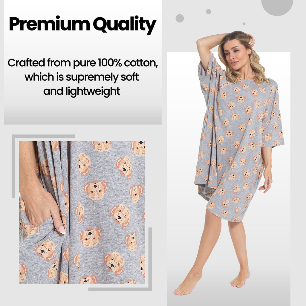 Women's Cockapoo Baggy Nighty Dress Oversized T-Shirt Nighties 100% Cotton Short Sleeved Nightshirt for Ladies