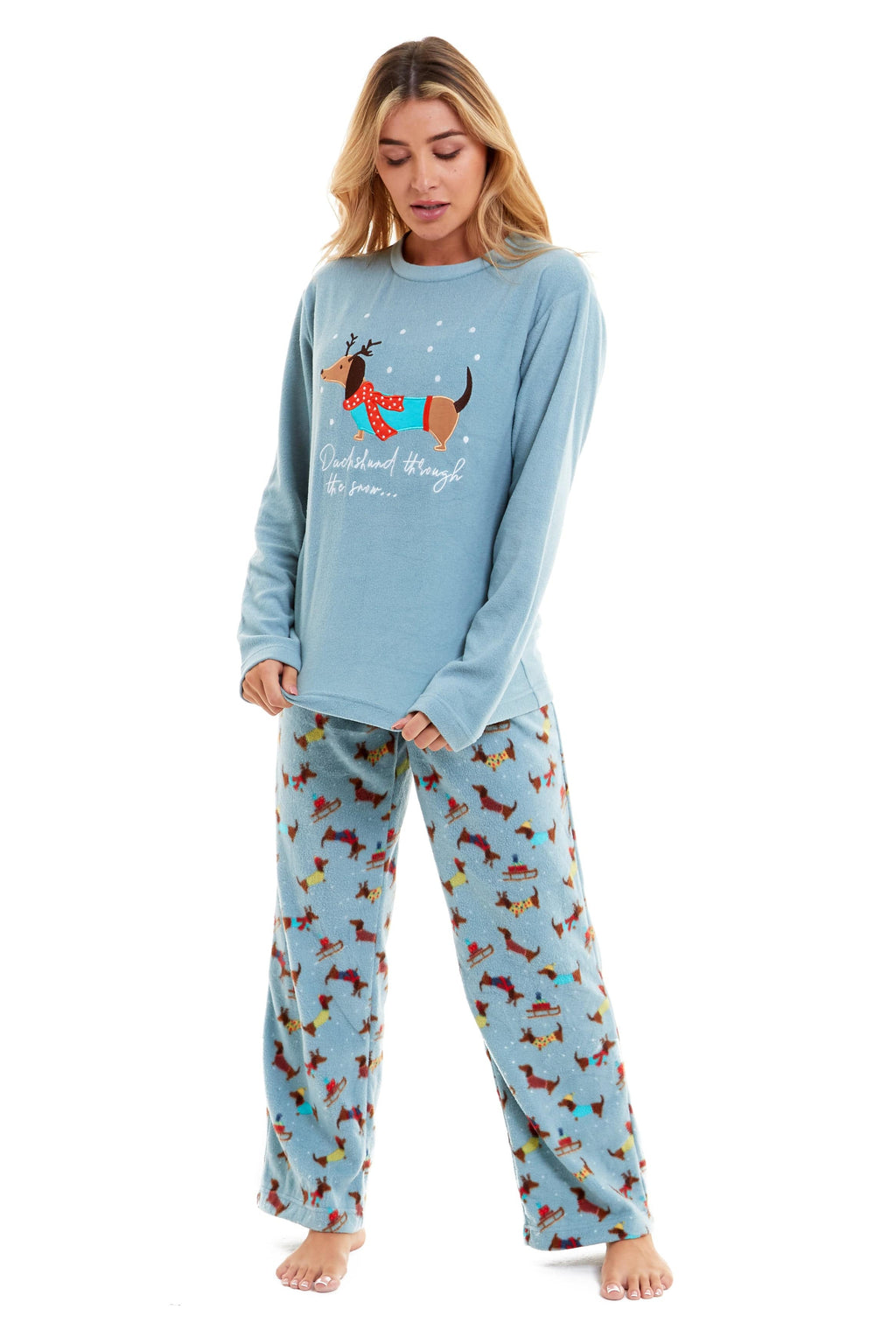 Women's Cosy Dachshund Polar Fleece Pyjama Set Soft Warm Winter Lounge Sleepwear Perfect Christmas Gift Sizes Small to X Large