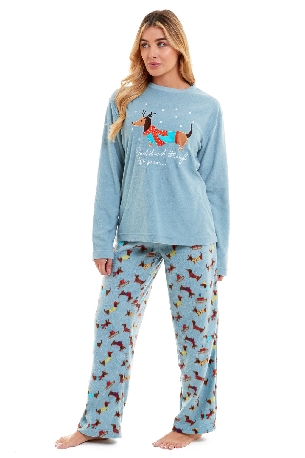 Women's Cosy Dachshund Polar Fleece Pyjama Set Soft Warm Winter Lounge Sleepwear Perfect Christmas Gift Sizes Small to X Large