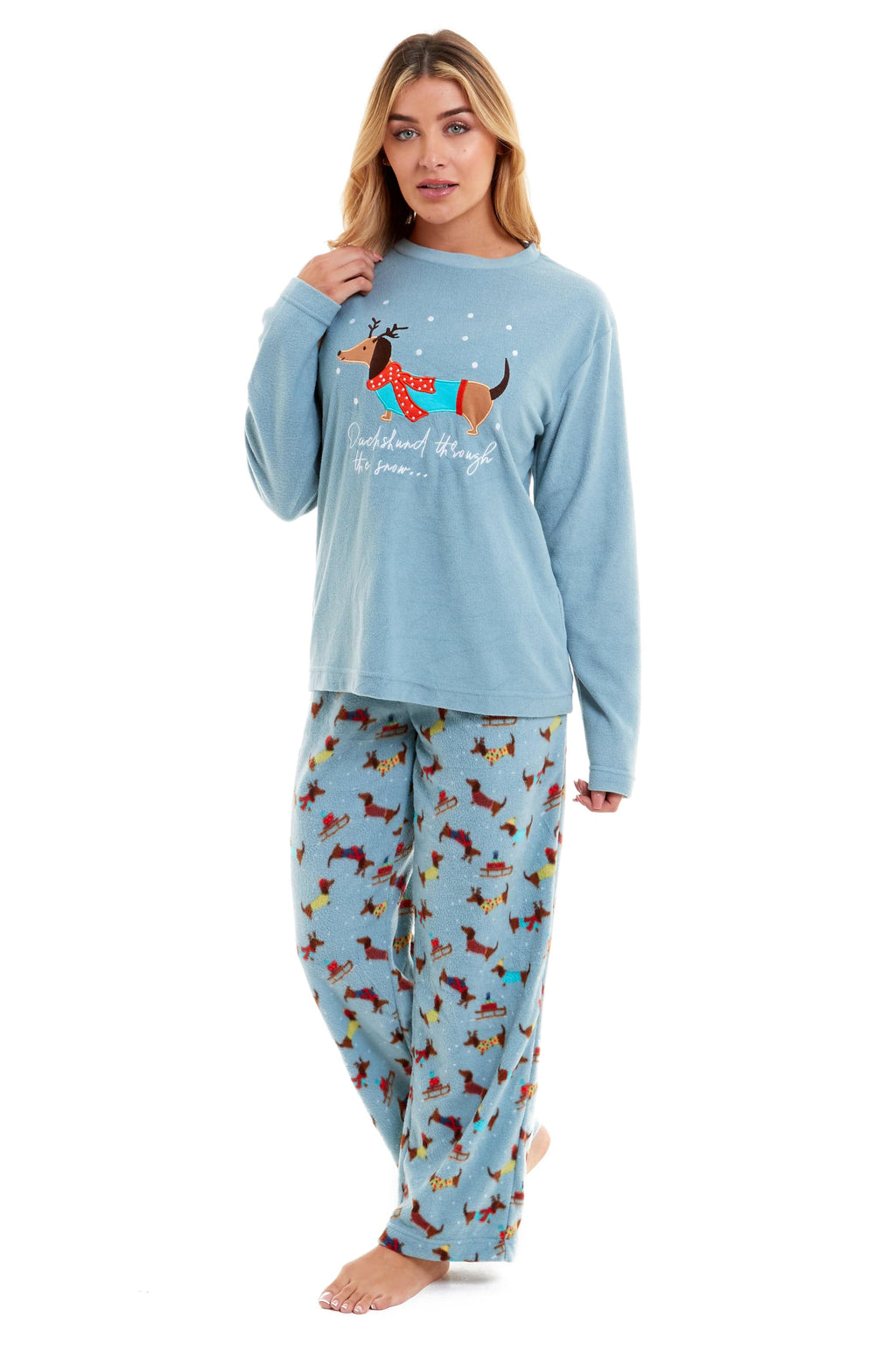 Women's Cosy Dachshund Polar Fleece Pyjama Set Soft Warm Winter Lounge Sleepwear Perfect Christmas Gift Sizes Small to X Large