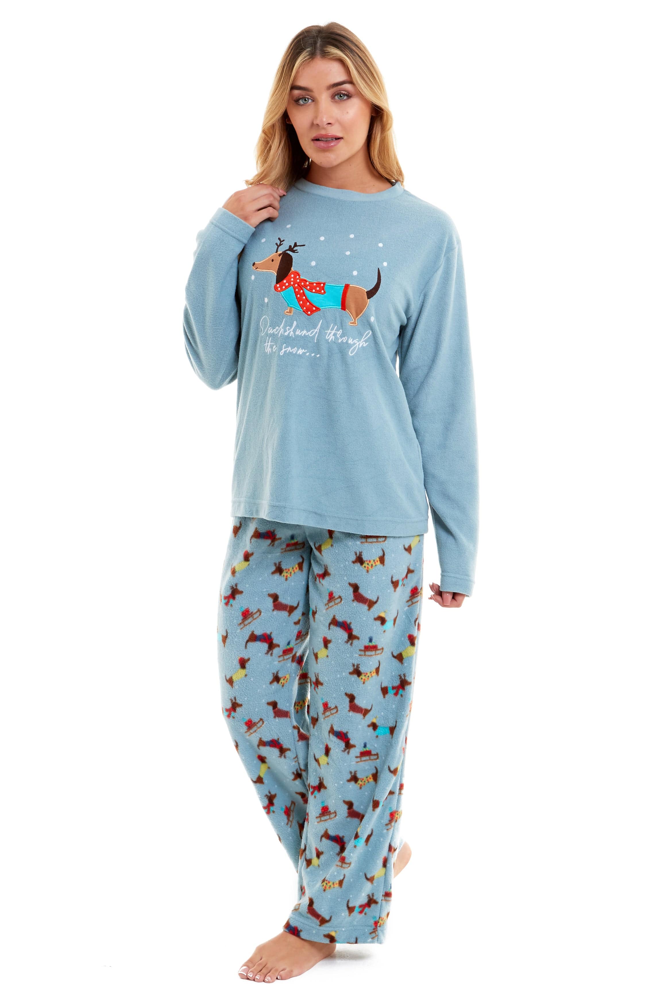 Women's Cosy Dachshund Polar Fleece Pyjama Set Soft Warm Winter Lounge Sleepwear Perfect Christmas Gift Sizes Small to X Large