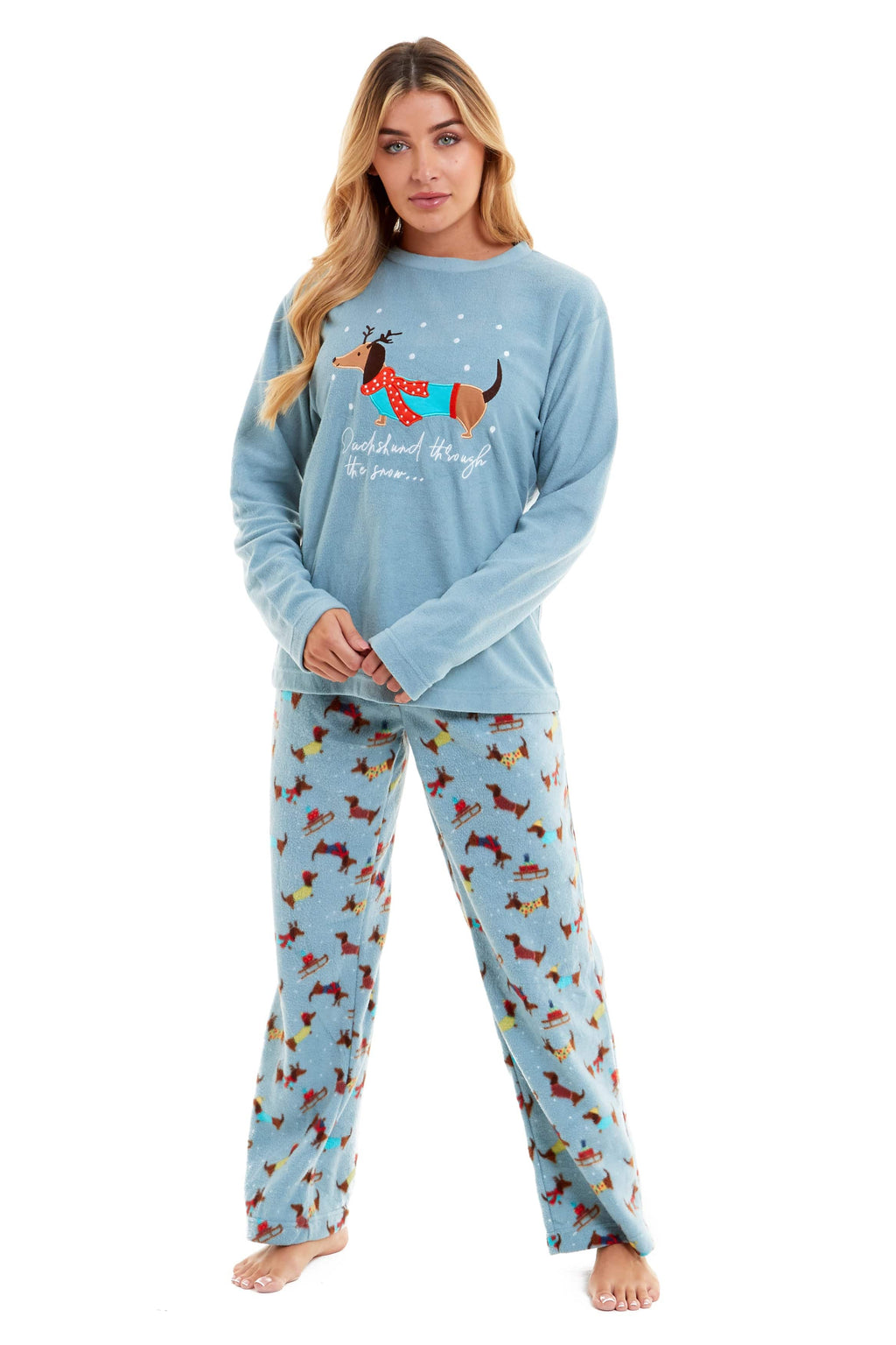 Women's Cosy Dachshund Polar Fleece Pyjama Set Soft Warm Winter Lounge Sleepwear Perfect Christmas Gift Sizes Small to X Large