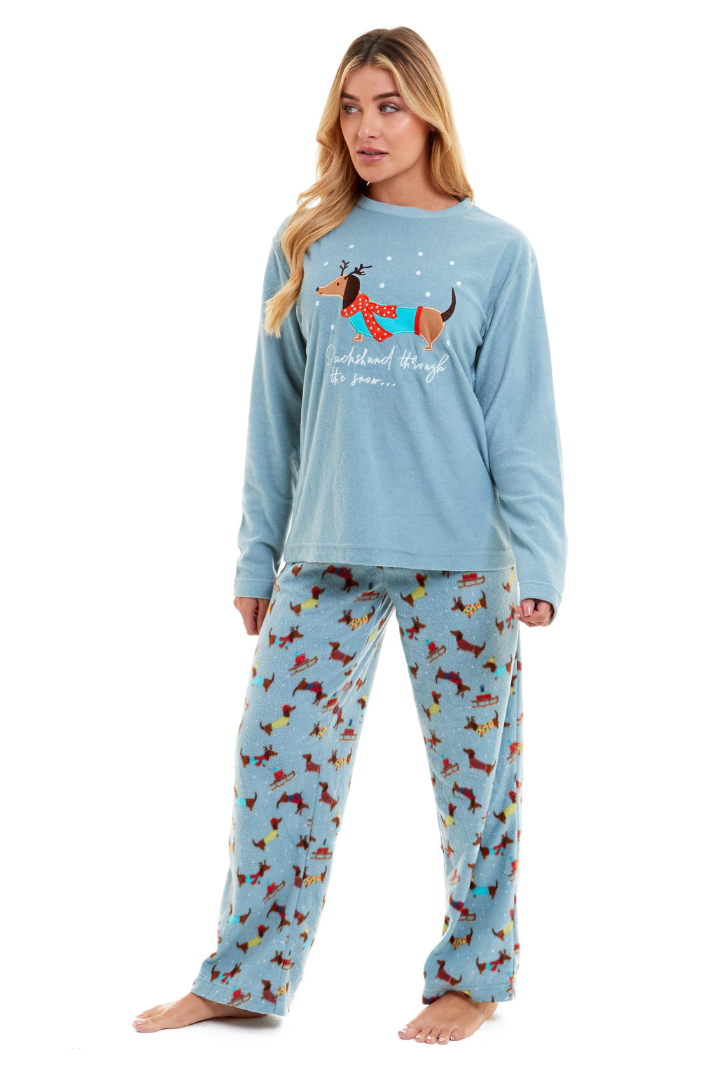 Women's Cosy Dachshund Polar Fleece Pyjama Set Soft Warm Winter Lounge Sleepwear Perfect Christmas Gift Sizes Small to X Large