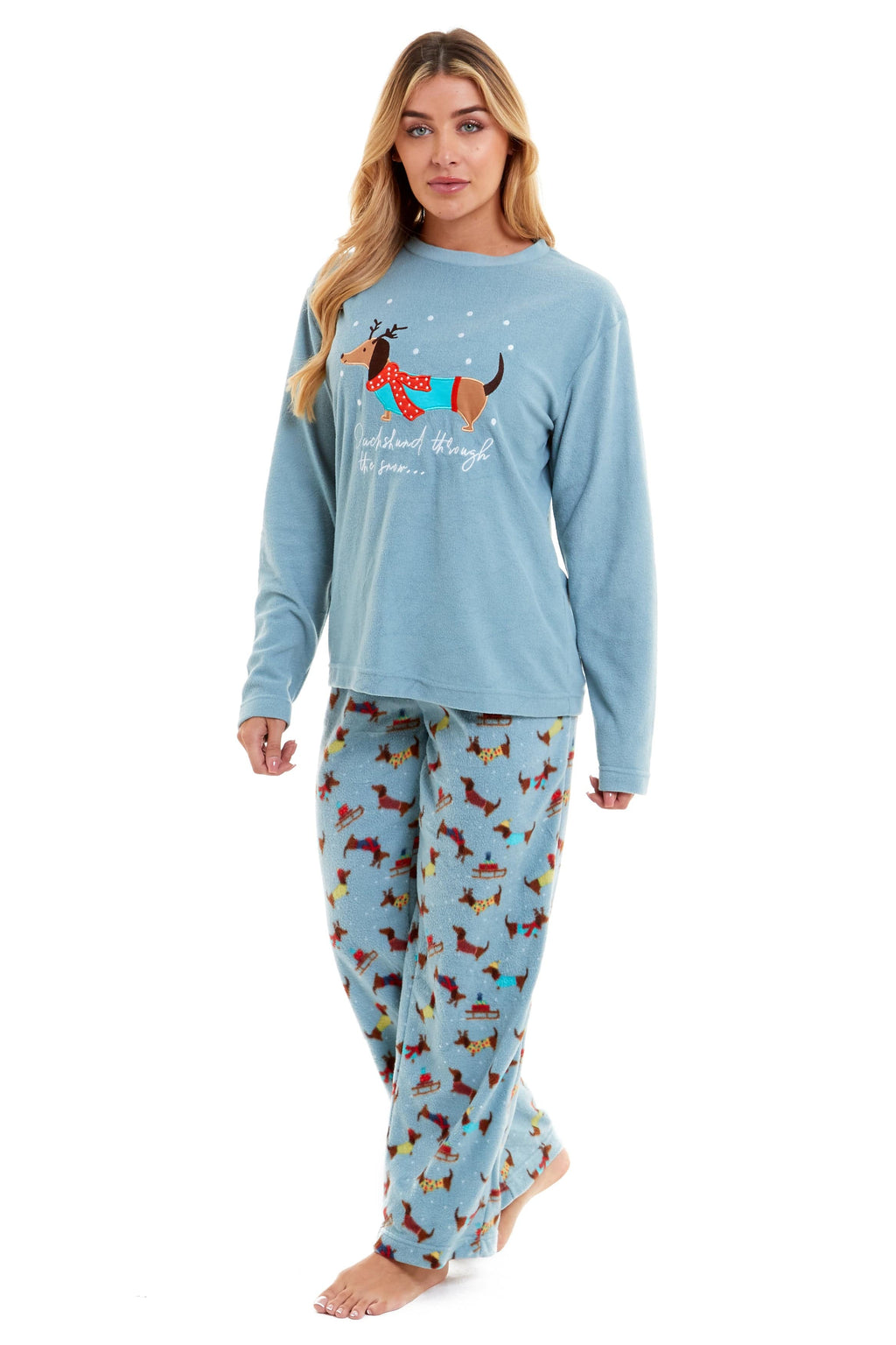 Women's Cosy Dachshund Polar Fleece Pyjama Set Soft Warm Winter Lounge Sleepwear Perfect Christmas Gift Sizes Small to X Large