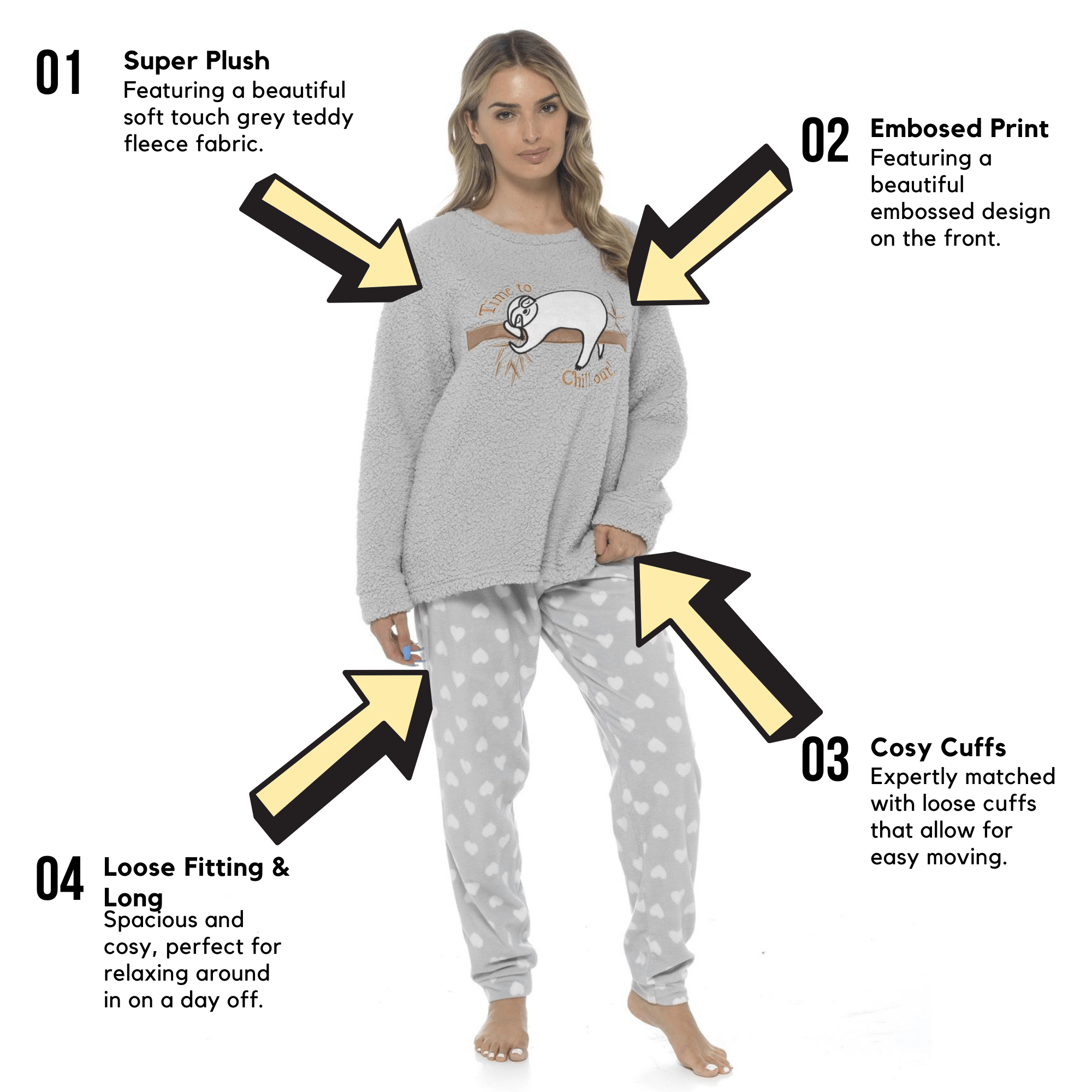 Women's Cosy Sloth Teddy Fleece Pyjama Set Plush Warm Nightwear with Adorable Design Perfect Gift