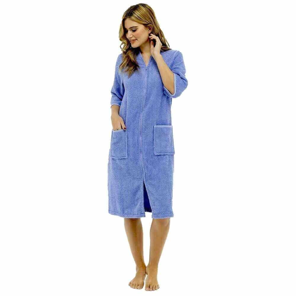Women's Cotton Terry Towelling Bath Robe Zip Through Ultra Absorbent Soft and Luxurious Dressing Gown Perfect for Post Shower Relaxation