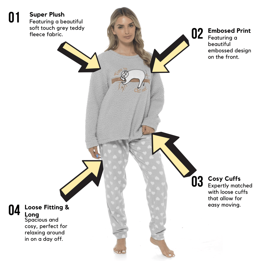 Women's Cozy Sloth Teddy Fleece Pyjama Set Super Soft Warm Loungewear Sleepwear with Trendy Design and Comfortable Fit Pants Perfect for Cold Nights Multiple Sizes