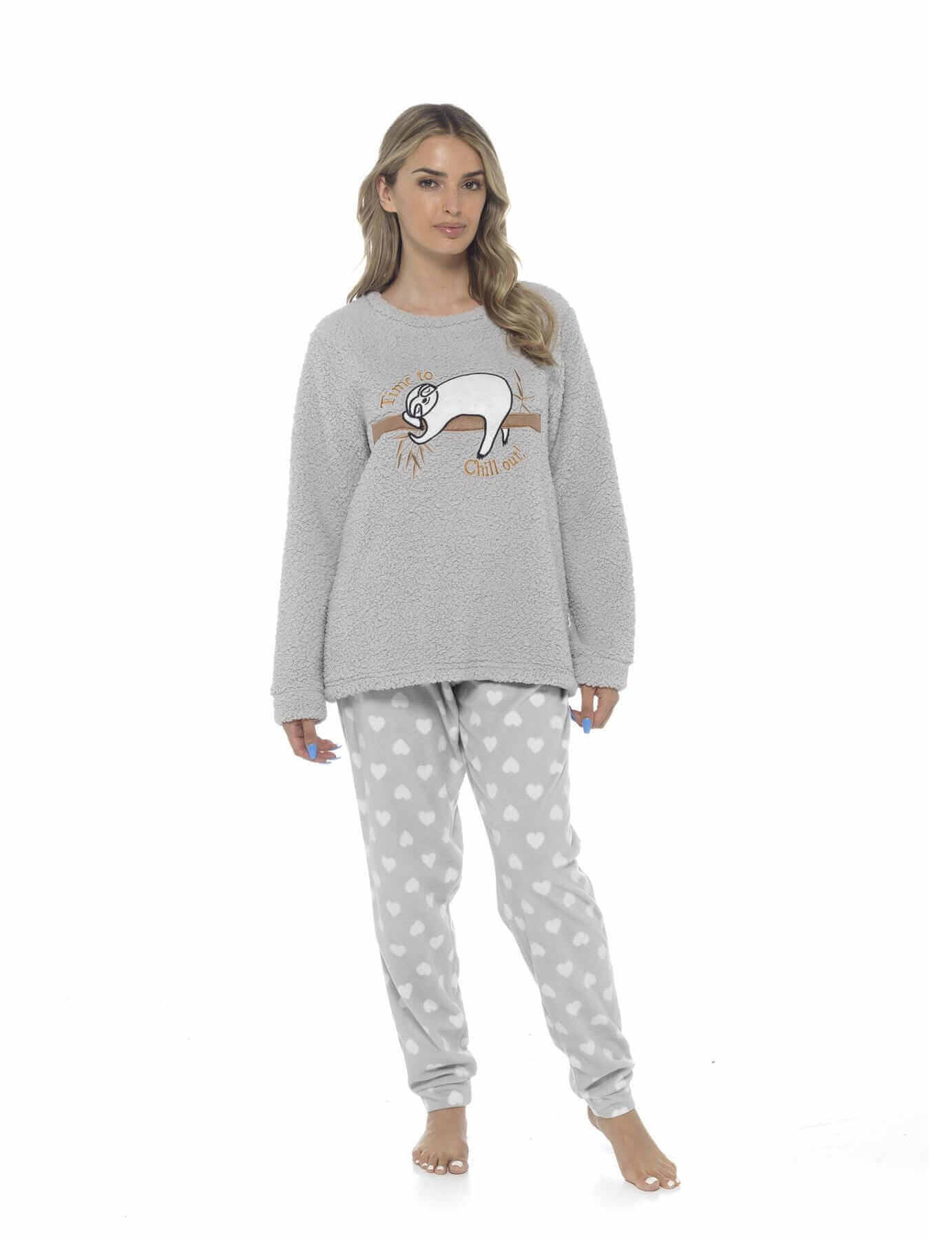 Women's Cozy Sloth Teddy Fleece Pyjama Set Super Soft Warm Loungewear Sleepwear with Trendy Design and Comfortable Fit Pants Perfect for Cold Nights Multiple Sizes