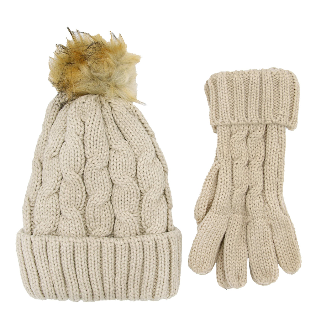 Women's Cream Chunky Knit Winter Hat & Gloves Set Faux Fur Pom Pom Warm & Stylish Beanie for Ladies