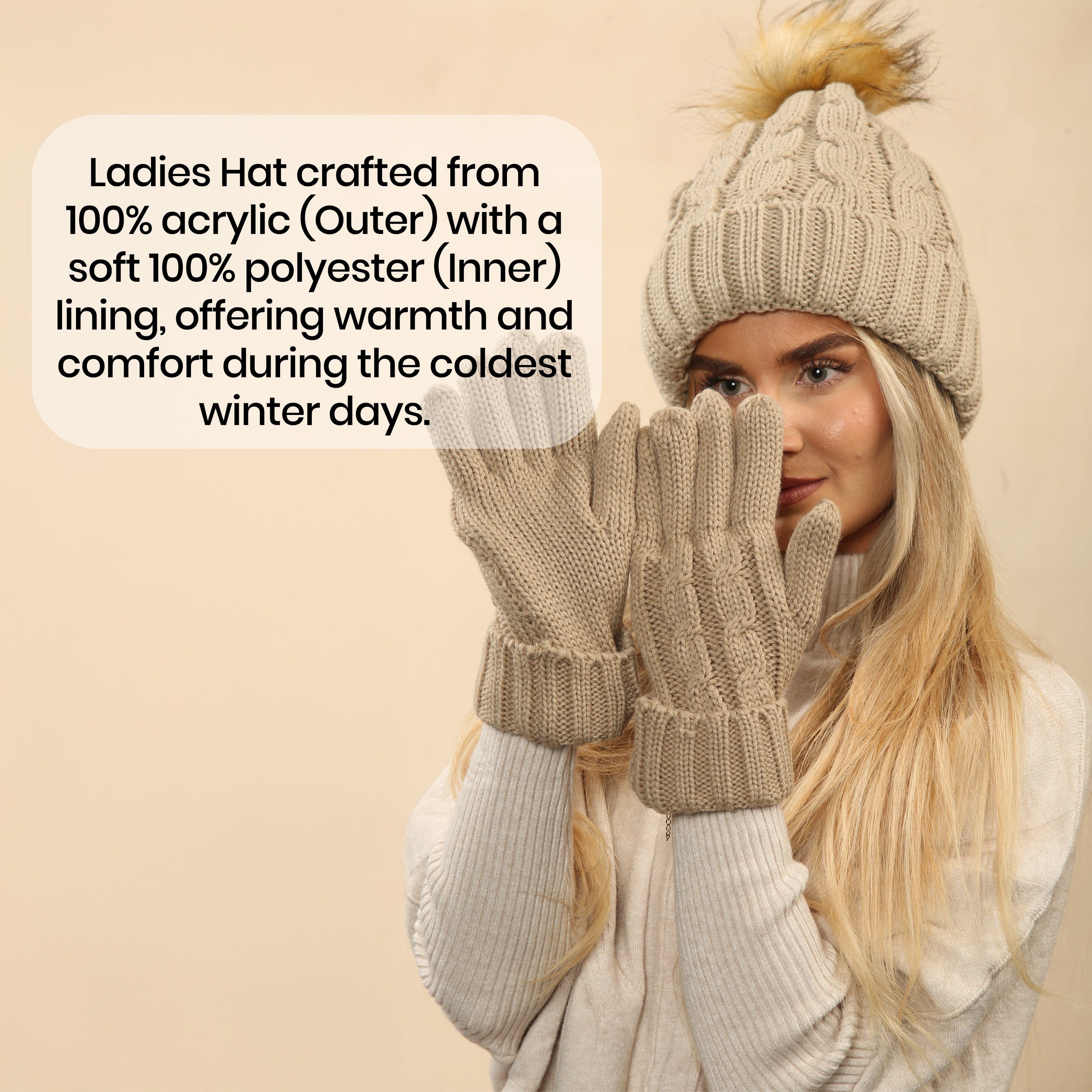 Women's Cream Chunky Knit Winter Hat & Gloves Set Faux Fur Pom Pom Warm & Stylish Beanie for Ladies